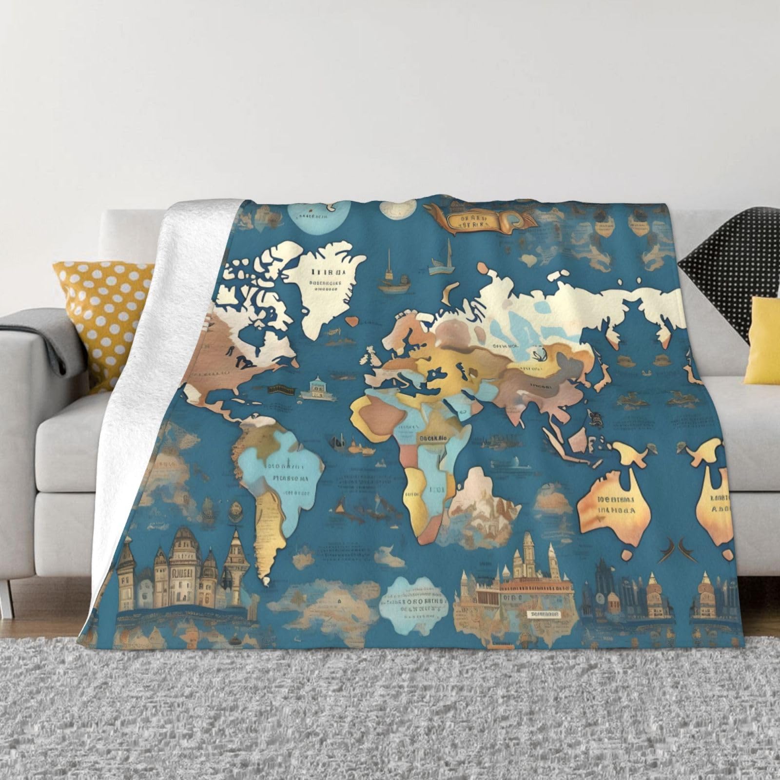 Couverture polaire en flanelle carte du monde douce et chaude pour lit et canapé