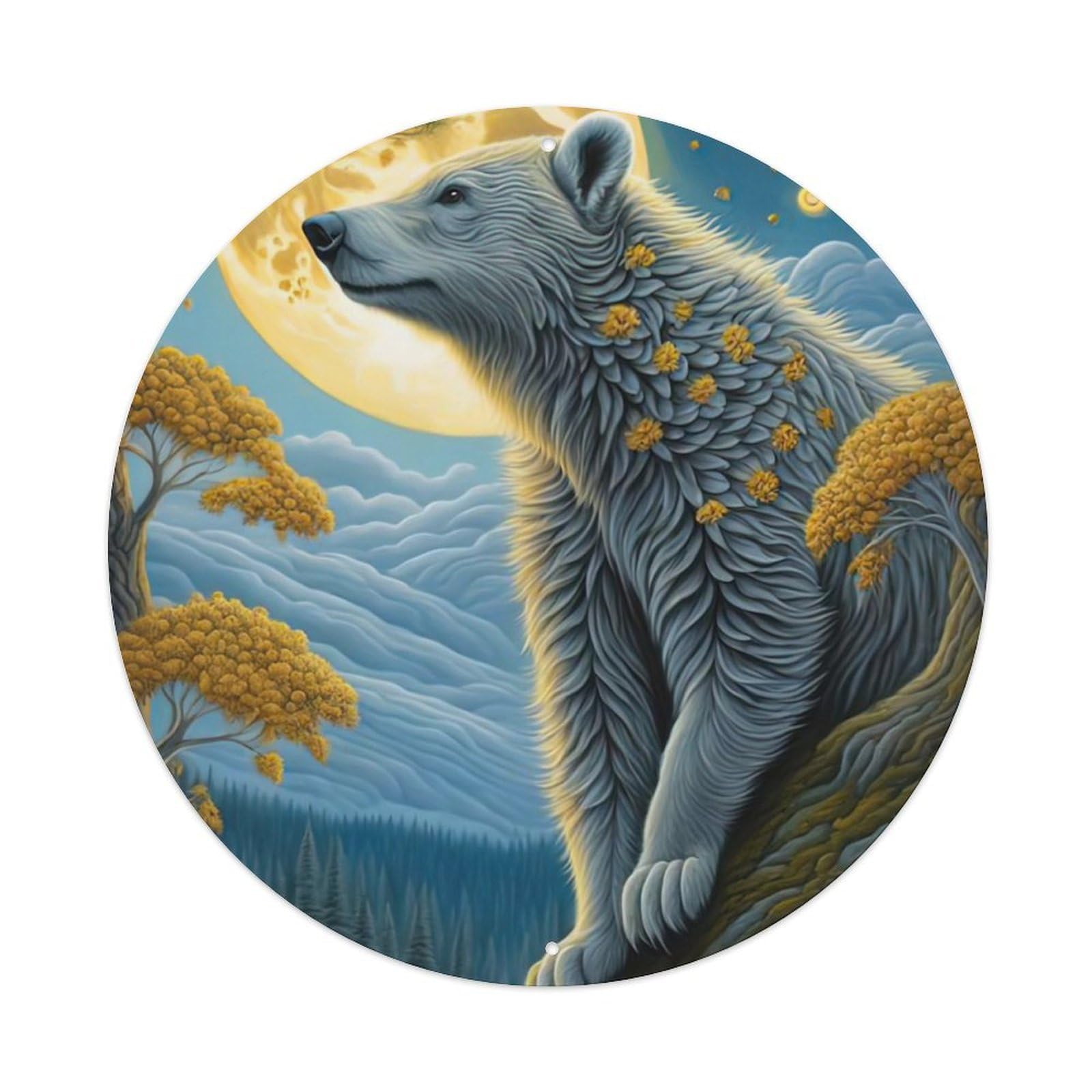 Animal Artwork Polar Bears Under The Moon Vintage Metal Tin Sign Plaque Wall Decor for Cafe, Club Bar, Office, Garden Metal Poster 8x8Inch