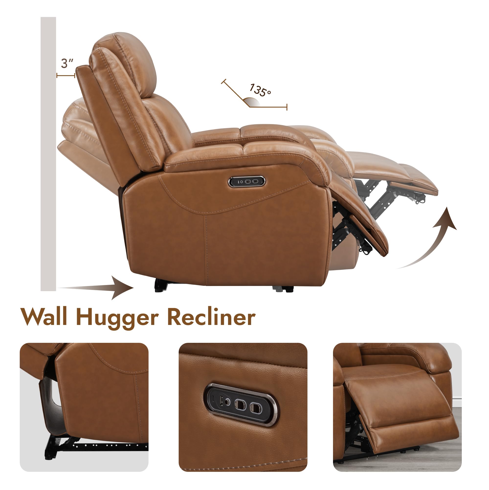 Watson & Whitely Sillas reclinables eléctricas de piel auténtica para adultos, reclinables de pared con reposacabezas eléctrico y puertos de carga, sofá reclinable eléctrico para sala de estar, sillín