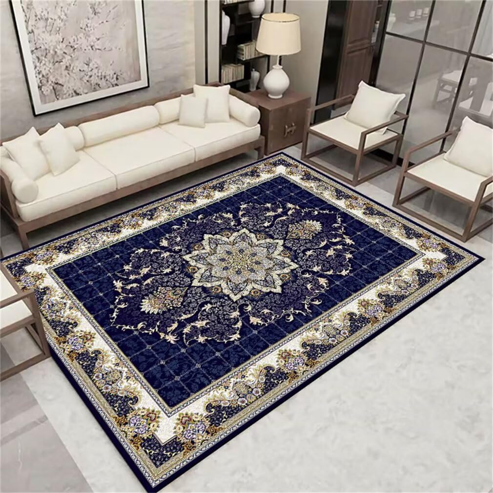 Tapis chambre adulte 300x400 grand tapis poil ras bleu et lavable pour maison