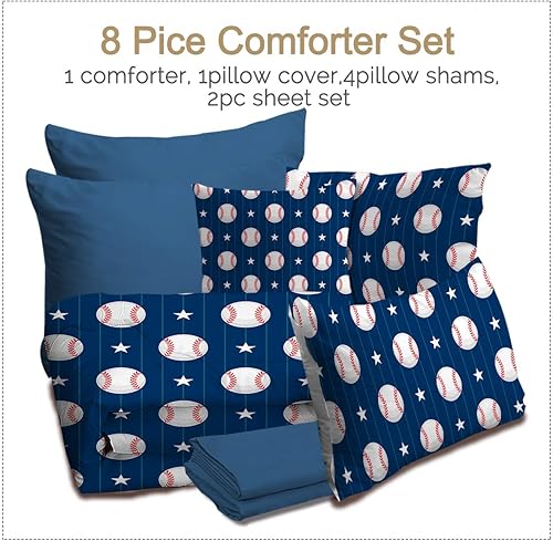 Miniatura 2 de BlessLiving - Juego de edredón de tamaño individual en una bolsa, diseño de béisbol en color azul marino para niños y adolescentes, juego de edredón