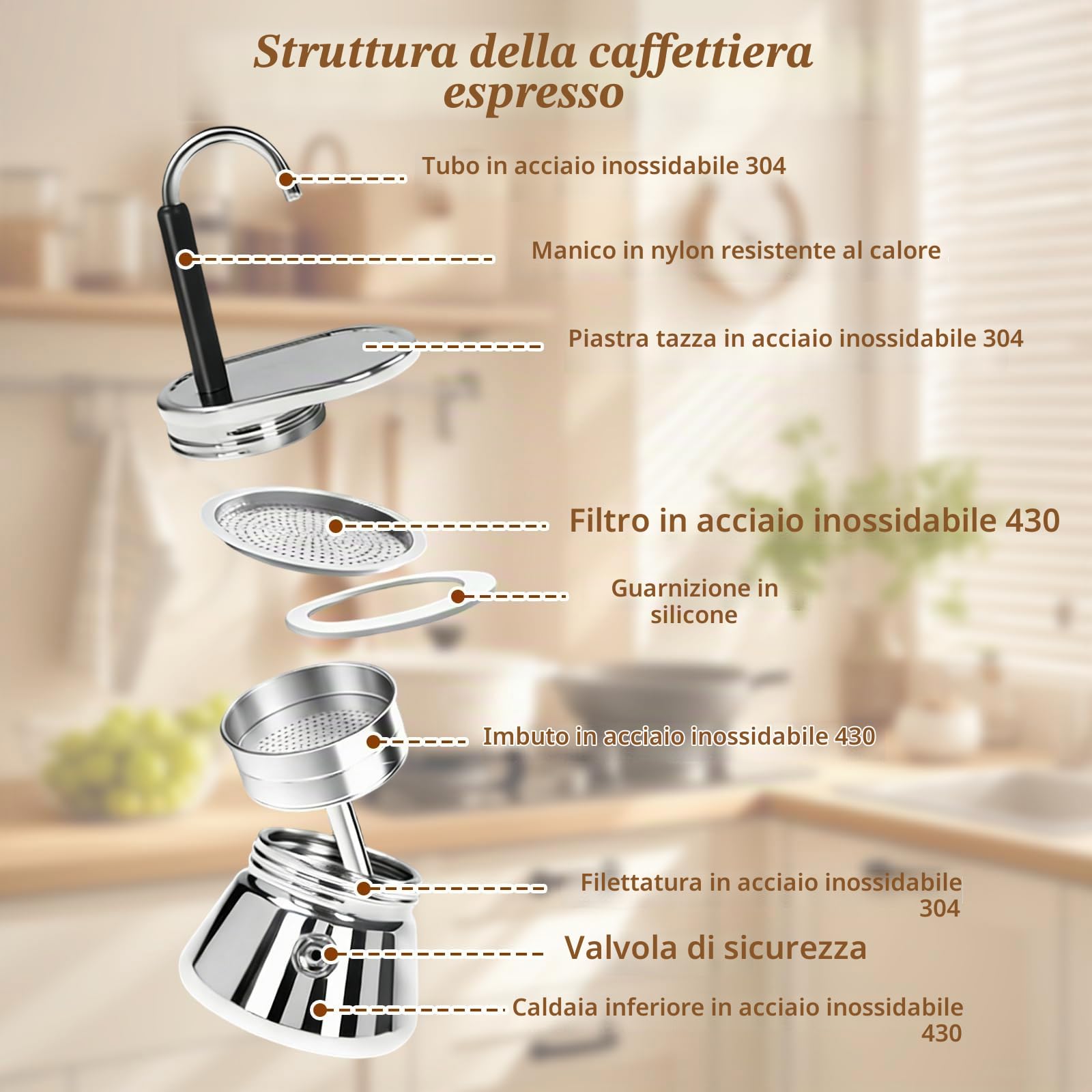 Buachois Moka con Beccuccio Singolo,Caffettiera Mocha,Piano Cottura per Espresso in Acciaio Inossidabile,Piano Cottura con Beccuccio in Stile Italiano con Tubo Singolo per Bar Cucina Domestica