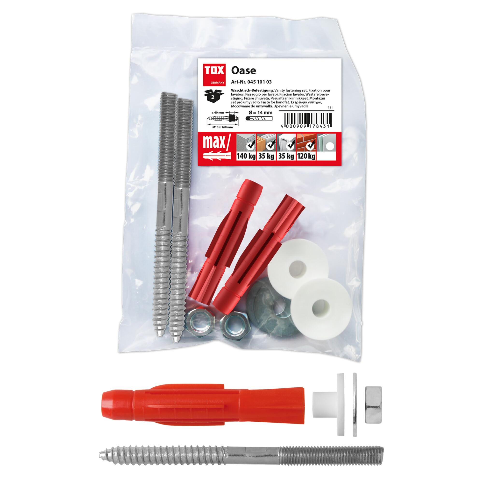 TOX Waschtisch-Befestigung Oase, mit Stockschraube, Allzweckdübel TRI für fast alle Baustoffe, Metall-/Kunststoff-Unterlegscheiben und Sechskantmutter, 1 Set im Beutel, 04510103