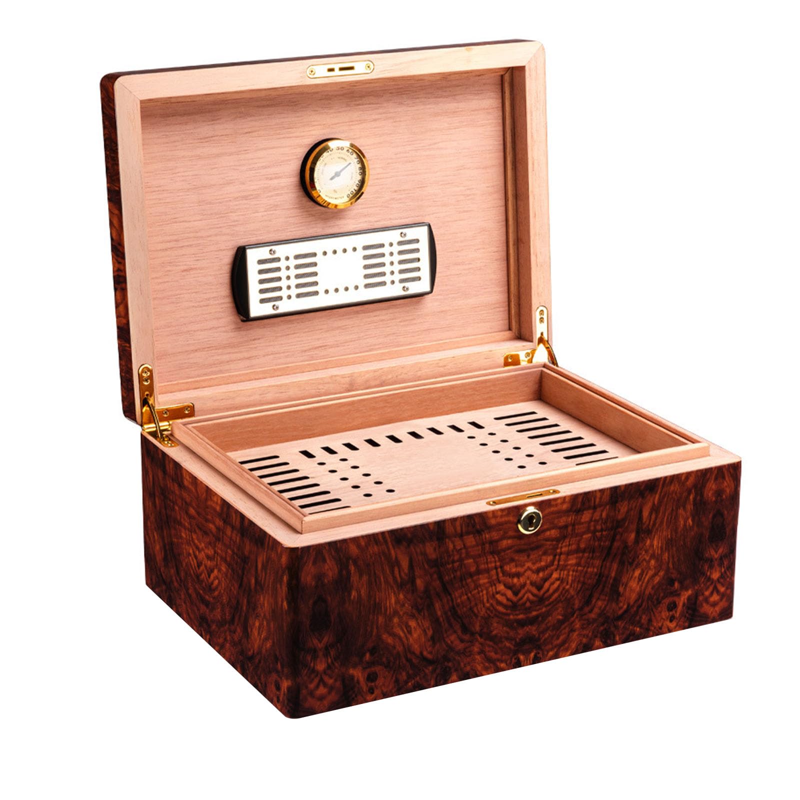 Humidor para Cigarros en Madera de Cedro Aromático – Gran Capacidad 50 Cigarros con Acabado de Laca de Piano, Humidificador e Higrómetro Integrados, Caja de Almacenamiento Hermética para Escrito