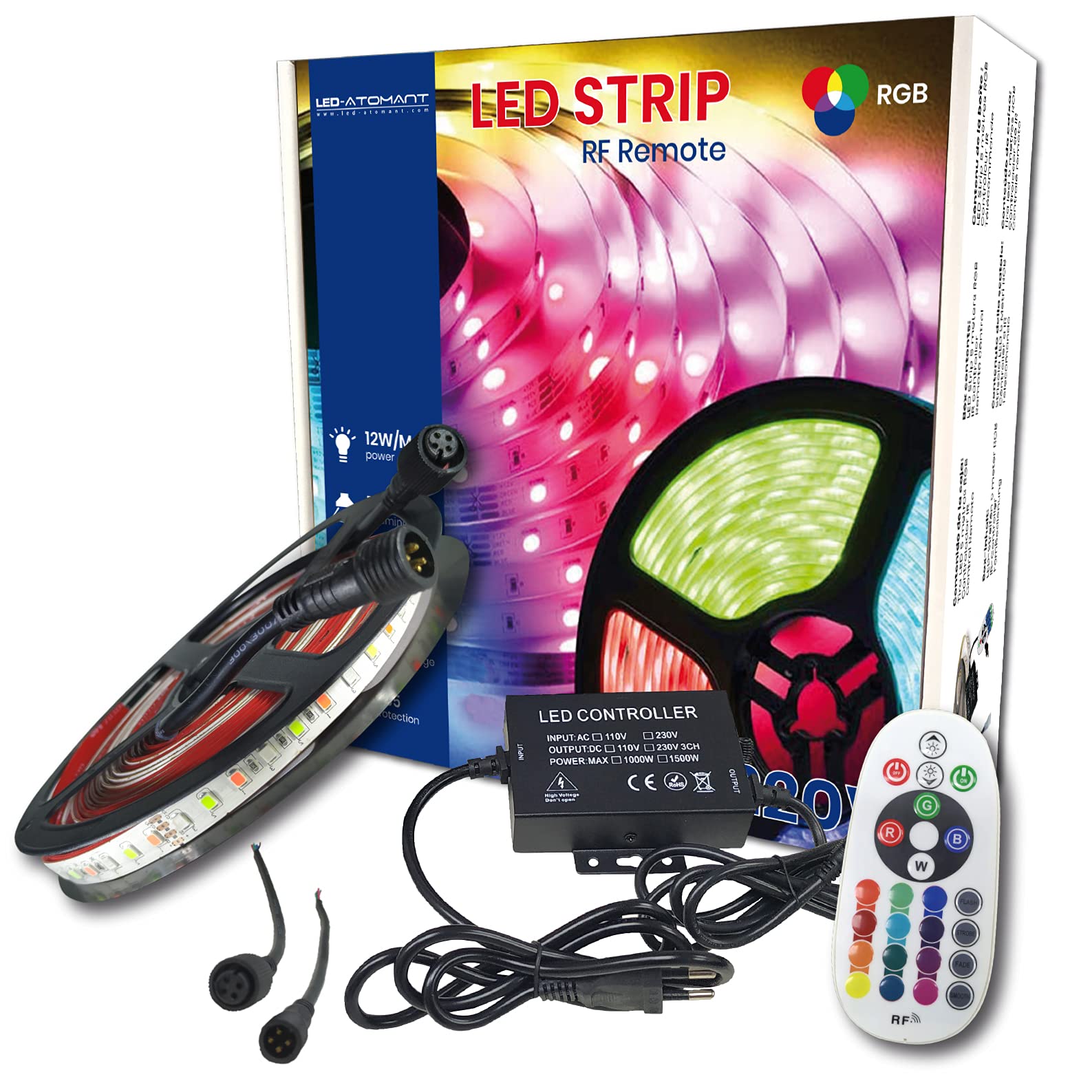 LED ATOMANT KIT 5m de Tira Luz LED RGB 220V IP65 Controlador y Mando RF | Corte cada 12,5cm