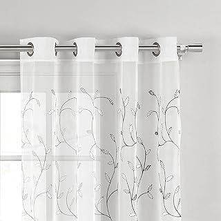 Creative Home Ideas Wavy Leaves, Embroidered Sheer Curtains, Includes 1 Leaf Curtain Panel - Window Drapes with Metal Grommets, 54