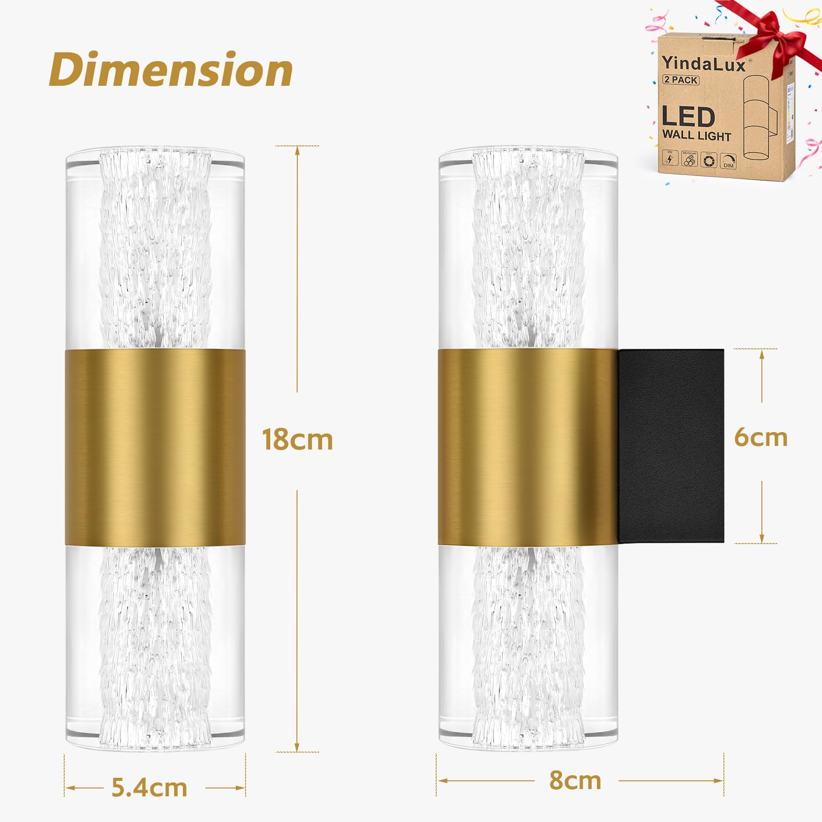YindaLux 2 Stück LED Wandleuchte Dimmbar 4W 400LM, Touch-Bedienung Modern LED Wandlampe Innen 2700K 3000K 4000K, Nachtlicht Dimmbare für Schlafzimmer Korridor Wohnzimmer Treppe(Gold)