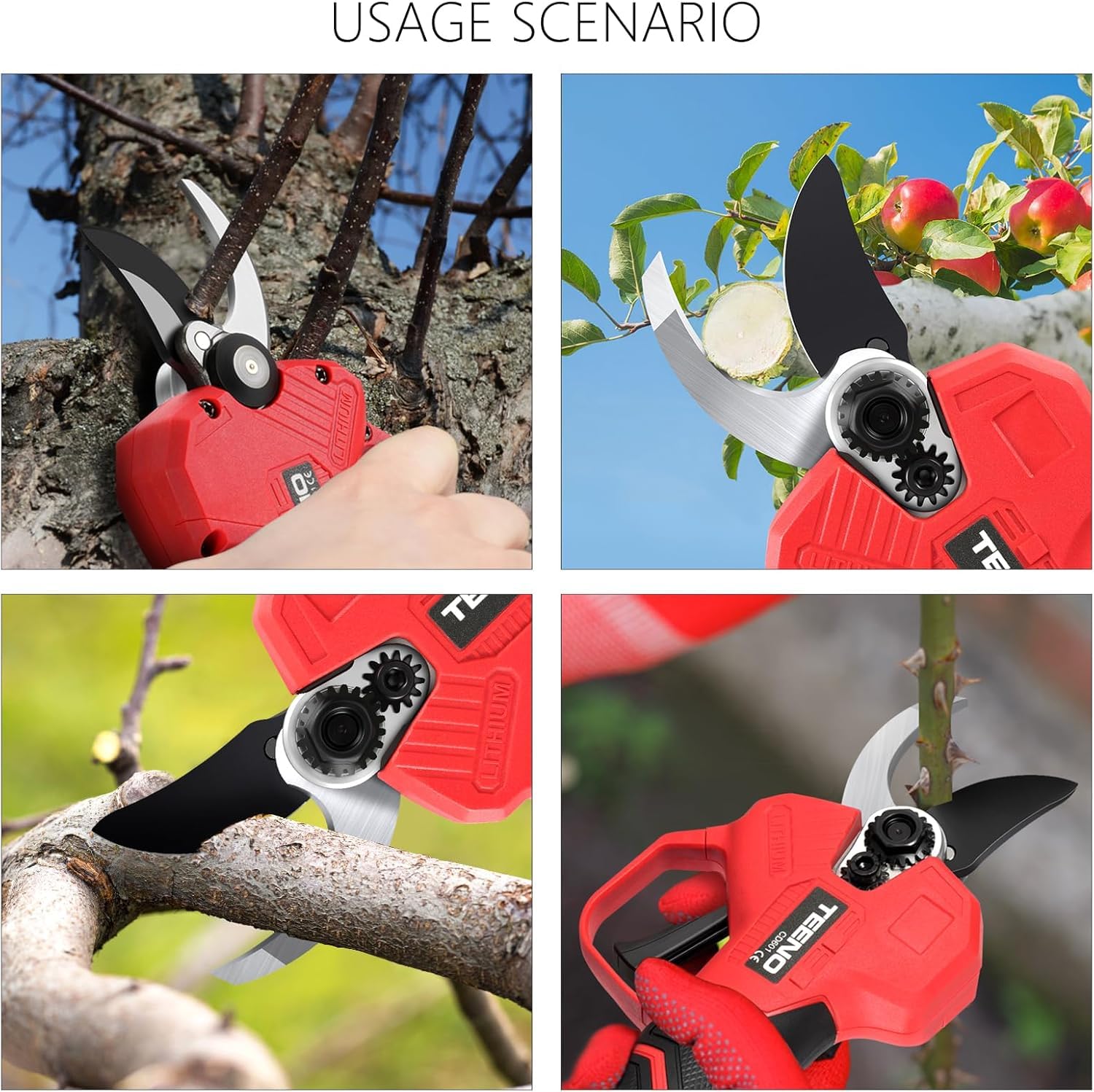 TEENO Elektrische Baumschere 21V, Professionelle Gartenschere MAX 25 mm Schnittdurchmesser, Schere Astschneider Rosenschere Kabellos mit Sicherheitsschalter, 1 * 2000mAh Akkus für 3-4 Arbeitsstunden