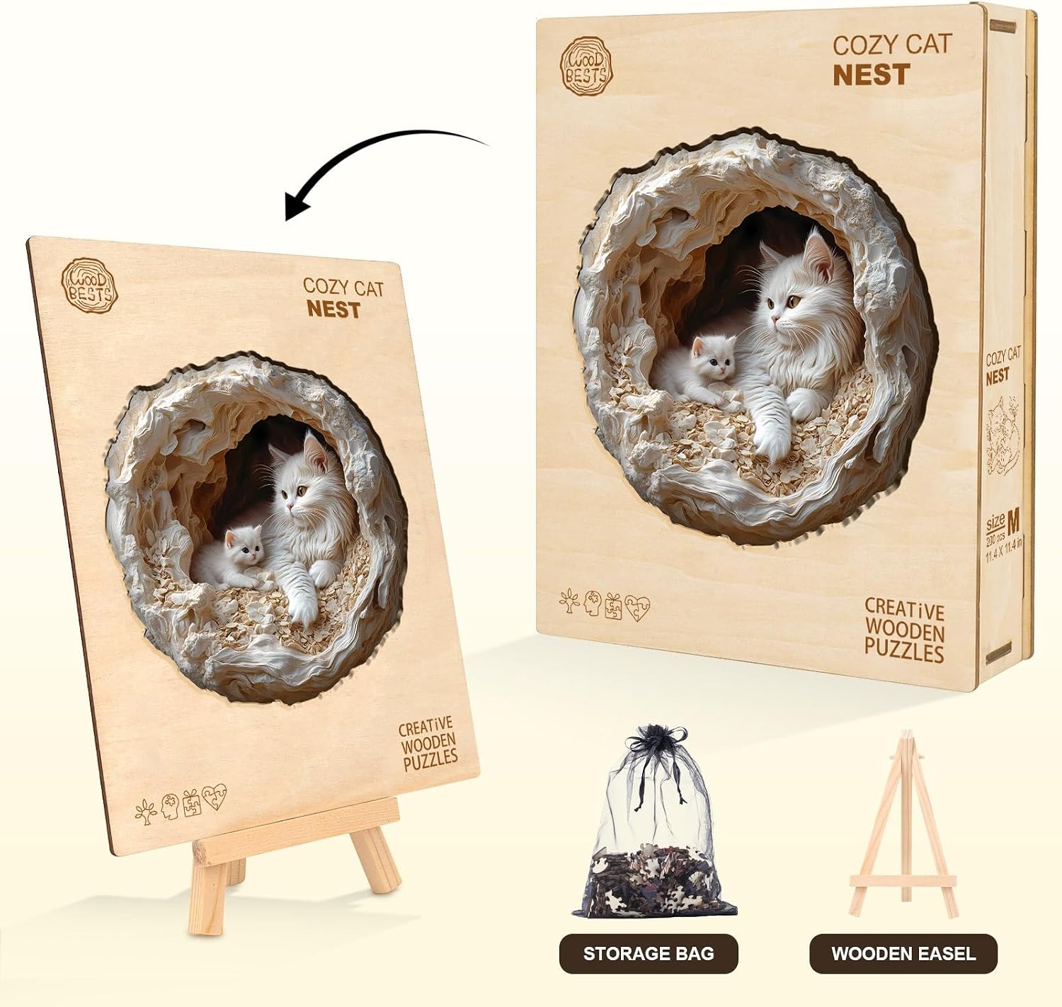 Wooden Puzzles for Adults, Cat Family Nest Puzzles with 3D Visual Effect, Puzzles Gifts for Women Men, Wood Adults Puzzles (M-11.4 * 11.4 in 200pcs)