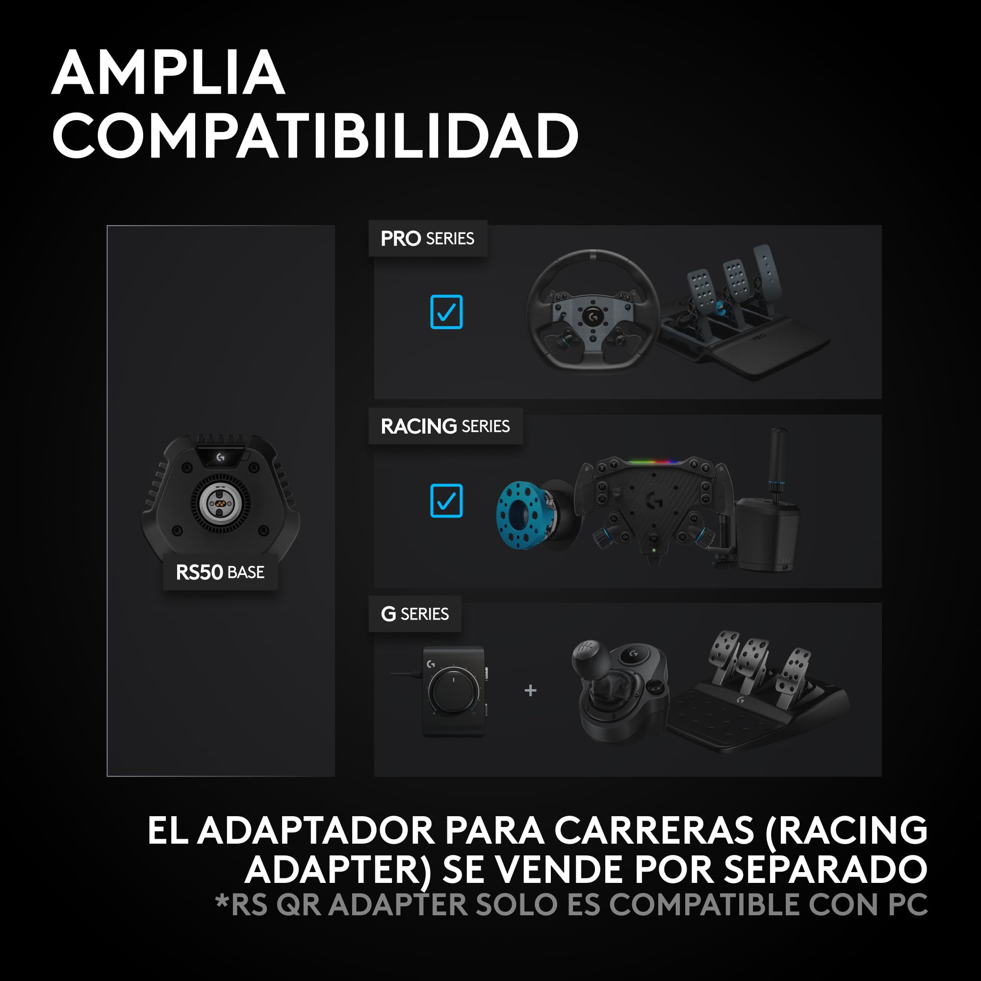Logitech G RS50 System, setup de volante de simulación de 3 piezas | Base de volante RS50 con accionamiento directo de 8 N⋅m, RS Wheel Hub con 13 botones y RS Track Wheel - PS5/PS4/PC - Negro