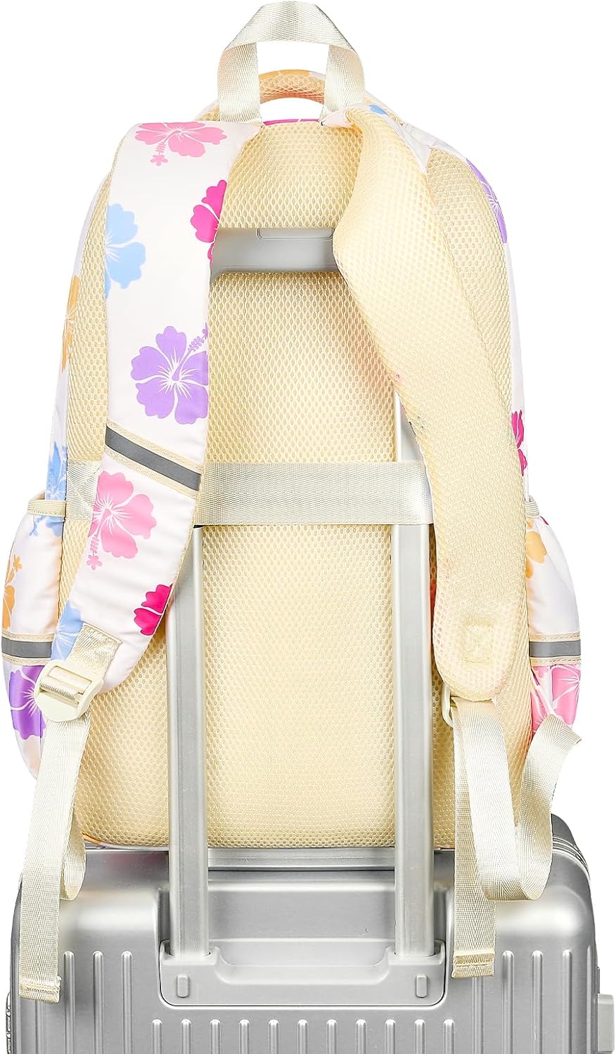 mibasies Backpack for Girls: 17.8IN Kids School Backpack for Elementary Primary - Bookbag with Laptop Compartment - Biege Flower image 5
