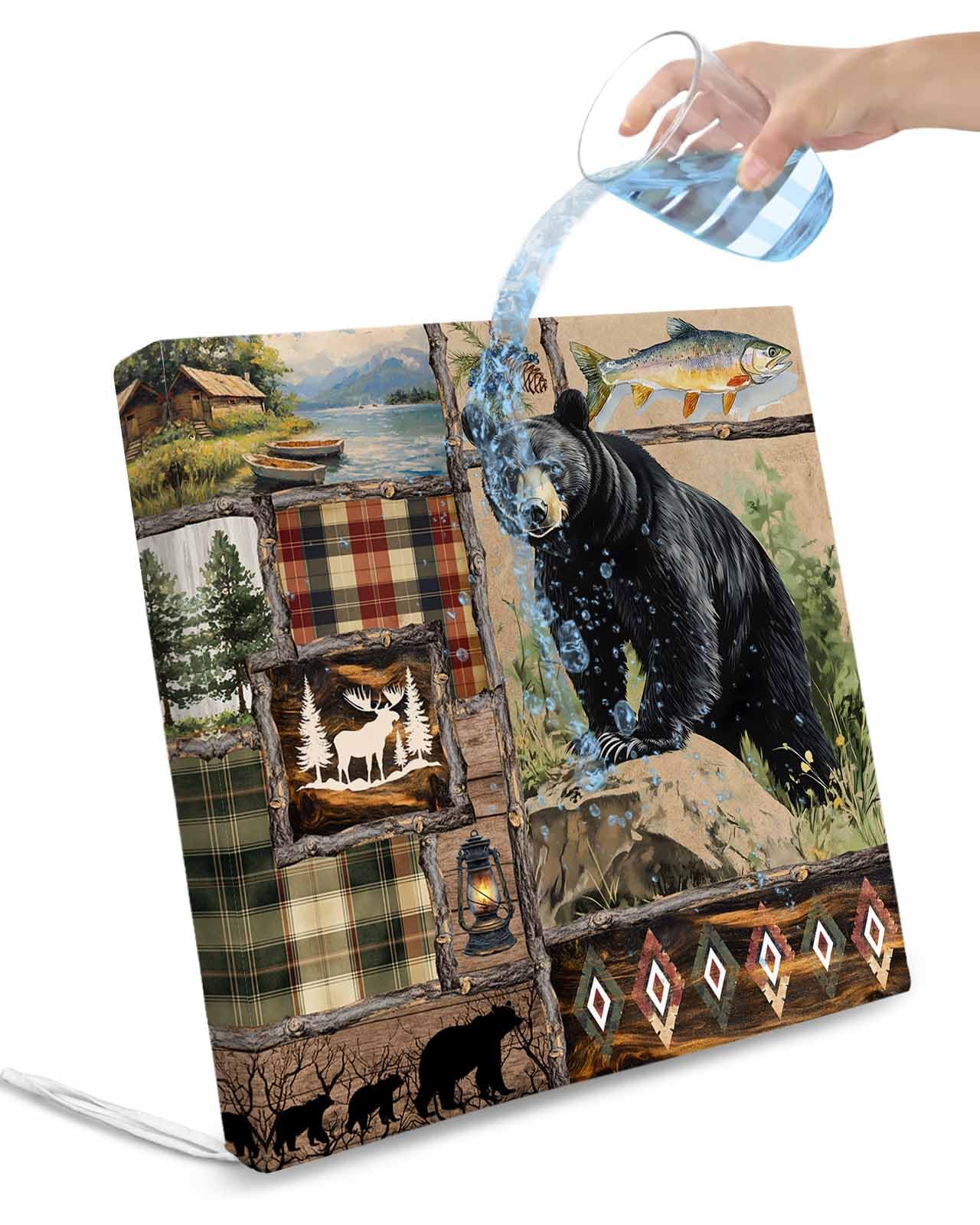 Hokiten Vintage Black Bears Outdoor Cushion Chair Cover Set of 4 - Waterproof Couch Seat Covers, Abstract Country Plaid Fish Retro Patio Furniture Protector Cushions Slipcovers for Sofa/RV, 24