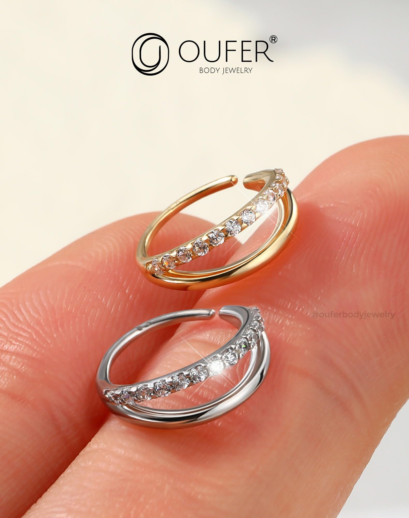 OUFER 20G 9KT Gold Nasenpiercing Klar CZ 8 mm Double Line Nostril Piercing Ring Knorpel Ohrpiercing Seamless Open Helix Lobe Piercing