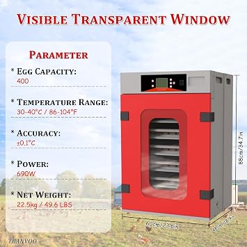 Intelligent Egg Hatcher with Brooder, 400-Egg Capacity, Automatic Turning and Precise Climate Control for Hatching and Brooding Multiple Bird Species