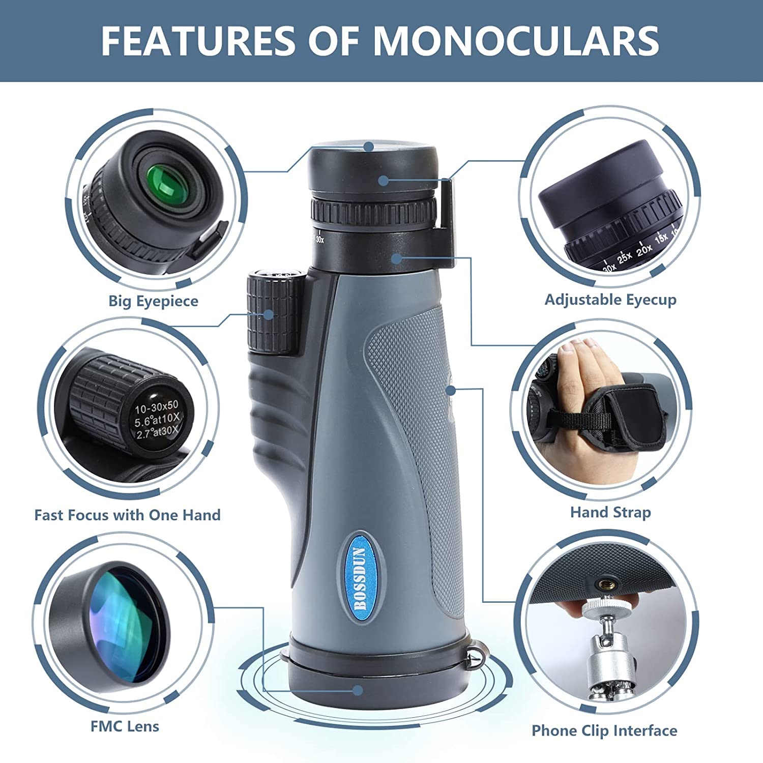Télescope Monoculaire,Monoculaire 10-30X50 Zoom HD,Télescope Monoculaire à Prisme FMC BAK4 Haute Puissance avec Adaptateur de Téléphone à Bandoulière pour Observation des Oiseaux Chasse Camping
