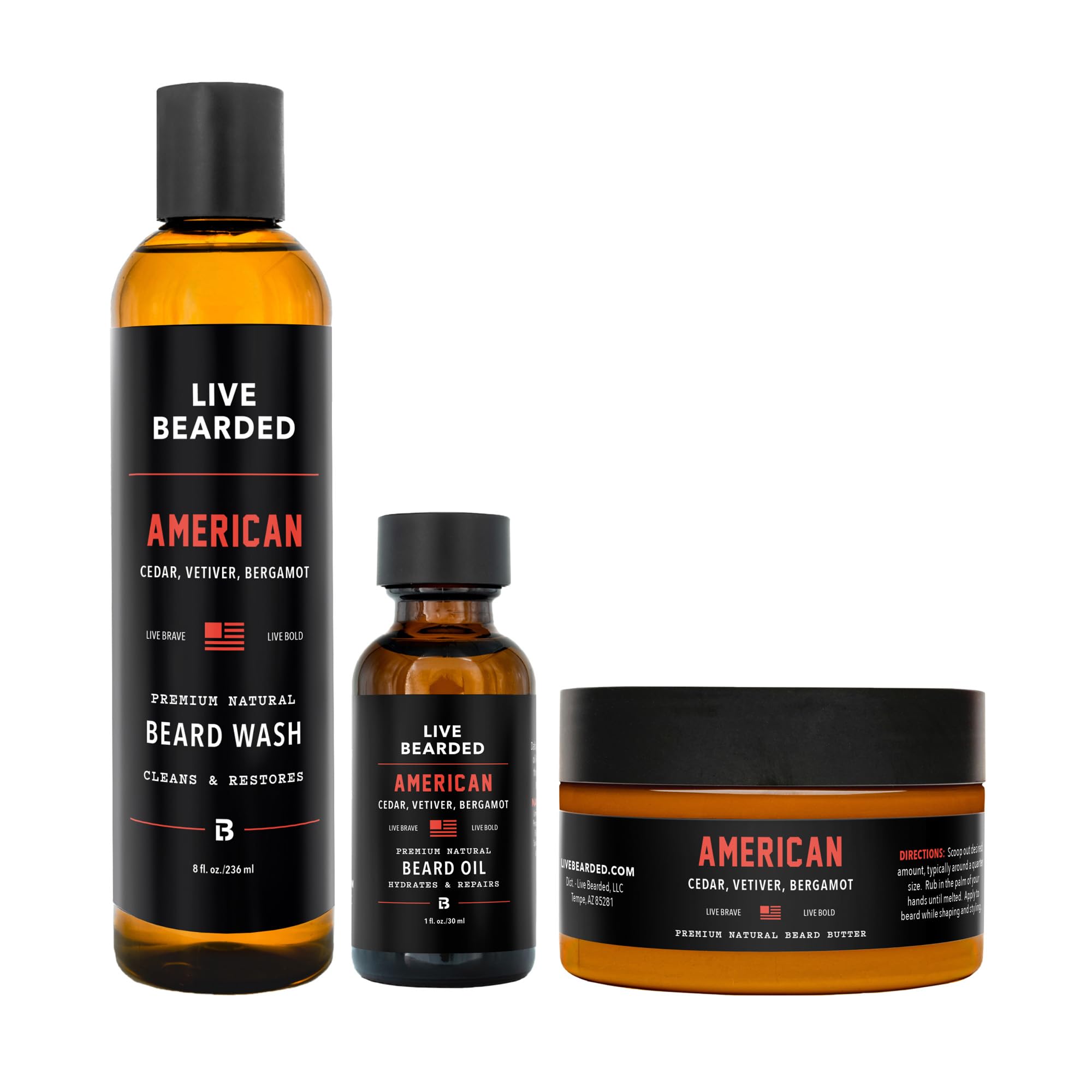 Live Bearded 3-Step Beard Grooming Kit - Wash, Oil and Butter - Made in the USA - All-Natural Ingredients with Shea, Jojoba - Growth Support | American Scent - Cedar, Vetiver, Bergamot