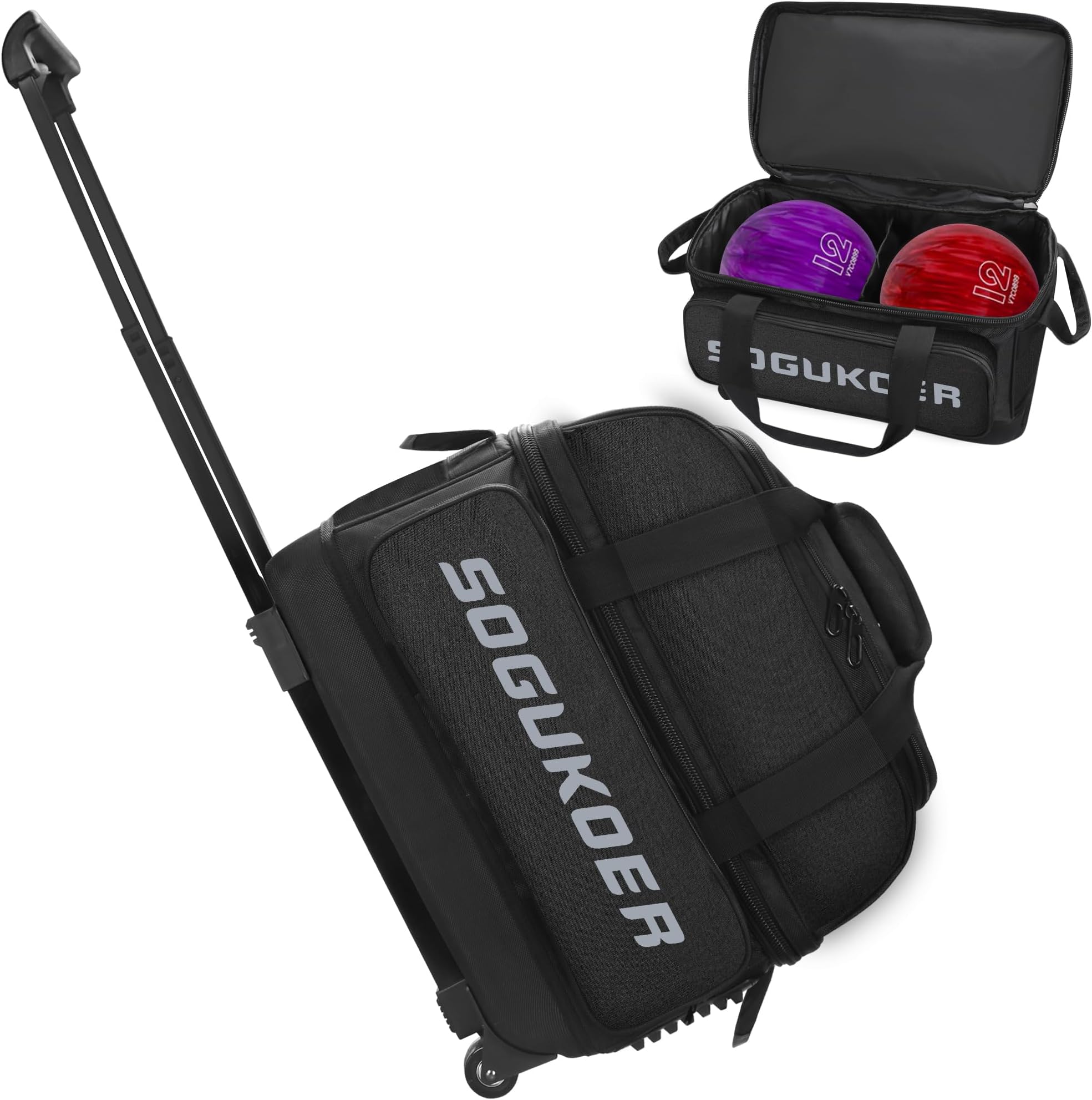 Trolley Bowling Bag with Wheels, Double Roller, 2 Ball, Separate Shoe Compartment, Black, 16.9" x 9.4" x 13.8"