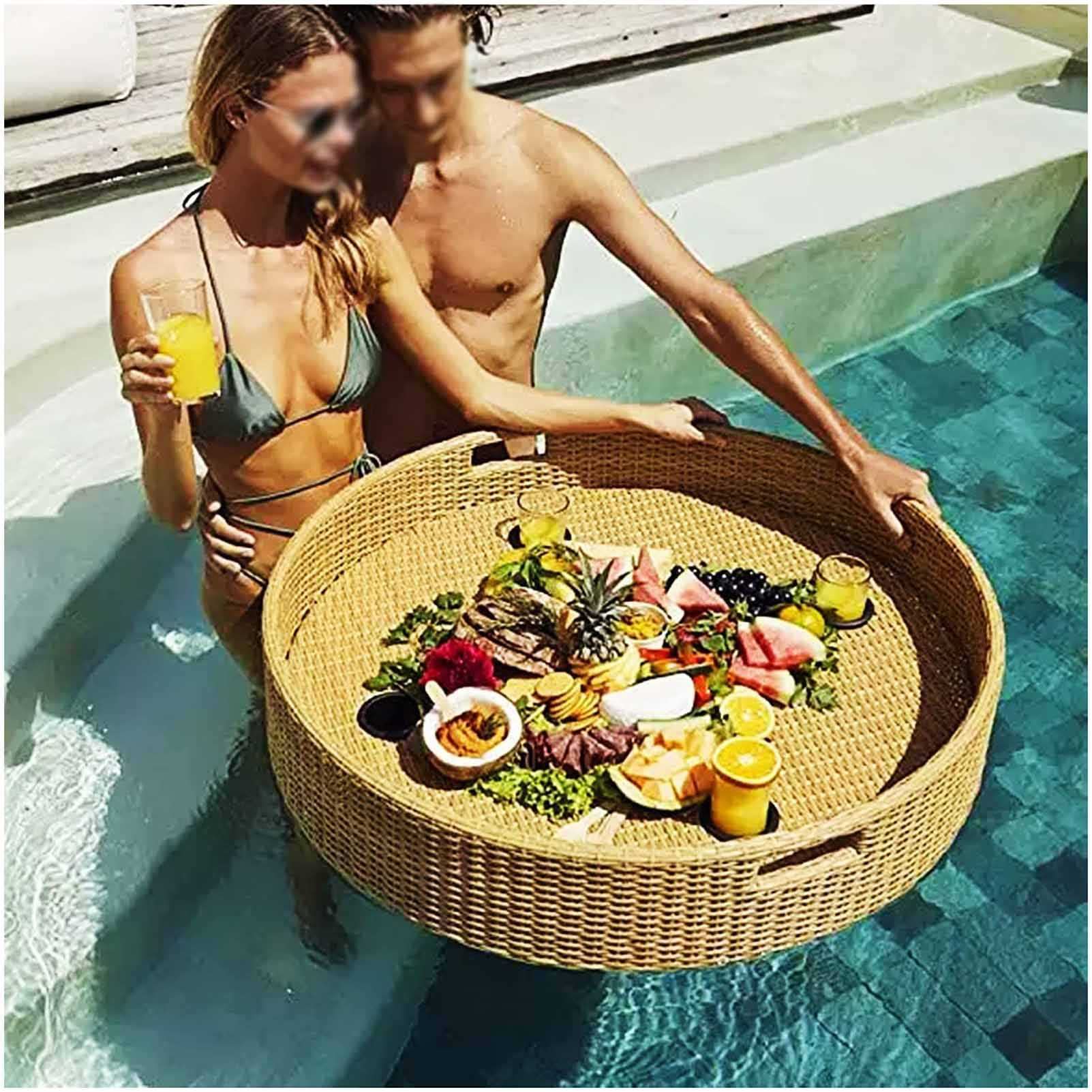 Rattan Woven Serving Tray - Luxury Floating Tray For Food On Water, Brunch & Wedding Photography - With Handles - Swimming Pool Accessory