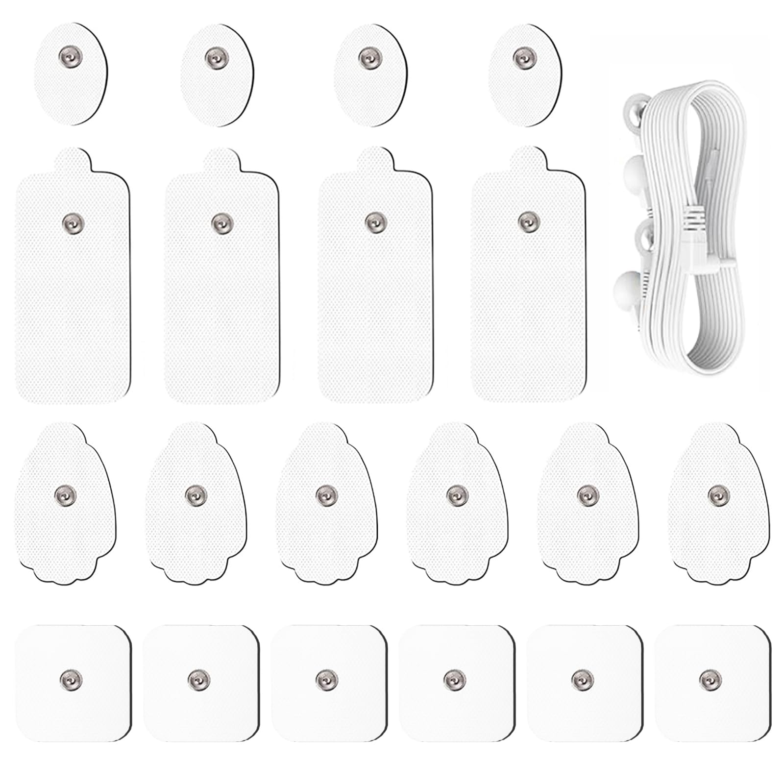 20 Pack TENS Unit Electrode Pads + 1/4 Wire Cable Combination Set. Reusable Premium Hydrogel Self-Adhesive Replacement Pads, Compatible with Belifu, AVCOO, NURSAL, TENS 7000, AUVON, Neocarbon (White)