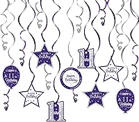 Vista 96 de Serpentinas de remolinos de cumpleaños feliz de 16 años con purpurina azul y plateada - Kit de 15 piezas de remolinos colgantes para el kit