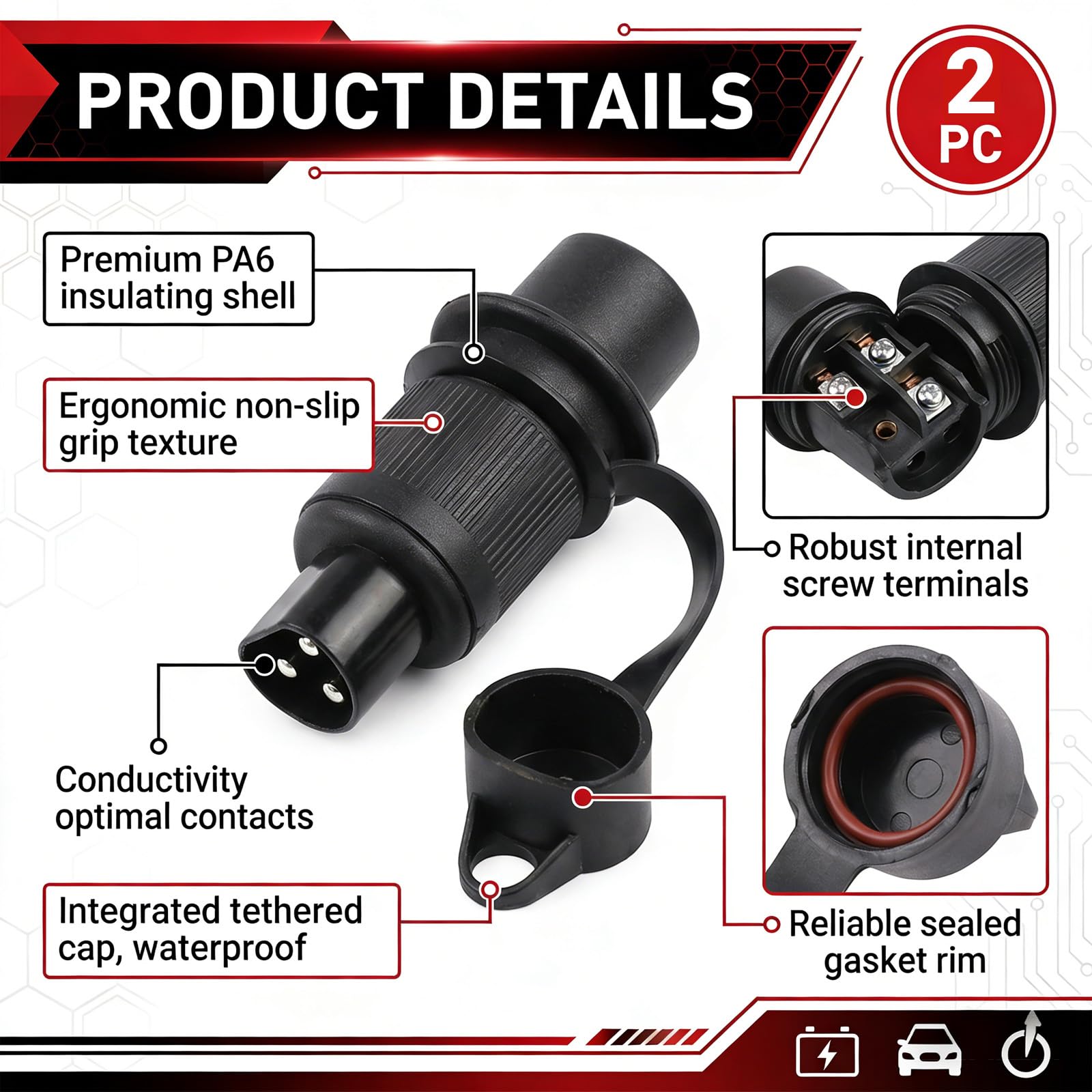 Enchufe de remolque (3 pines, 12 V, conector de enganche de 3 pinos, macho, para coche, conector de remolque de 3 polos, resistente al agua, para coches agrícolas, camiones, caravanas — view 4