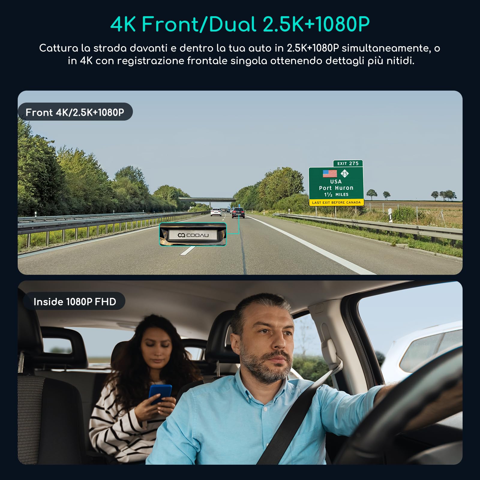 COOAU D30S 4K Dash Cam Auto con GPS Wi-Fi - Doppia Dashcam Auto Anteriore e Interna 2.5K 1080P, Con Visione Notturna a Infrarossi, Sensore G, Modalità Parcheggio, Registrazione in Loop