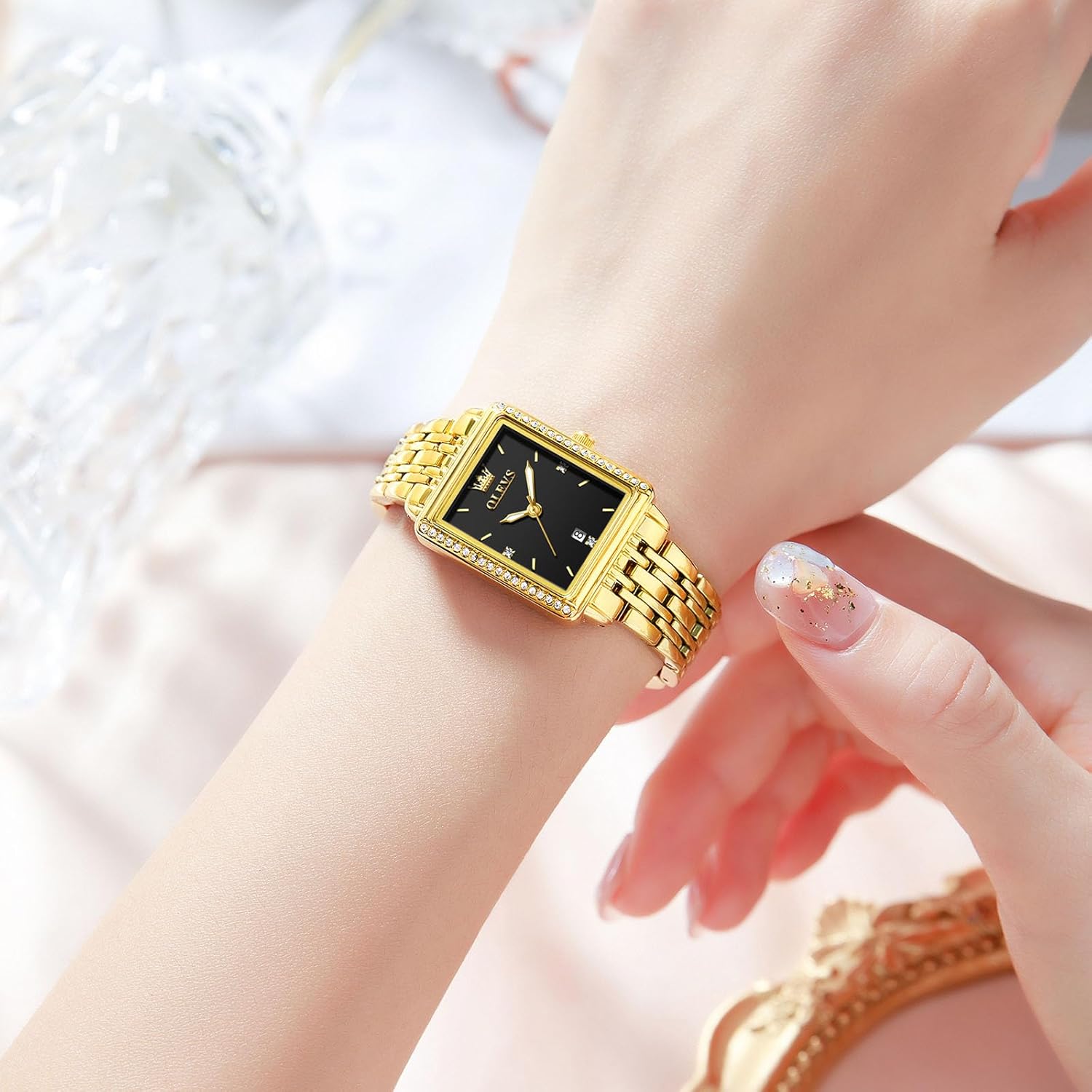 OLEVS Square Watches for Women, Gold Stainless Steel Bracelet Ladies Small Face Watches, Dainty Waterproof Women's Wrist Watches with Date, Gold/Black/White/Blue/Green Dial - Image 3