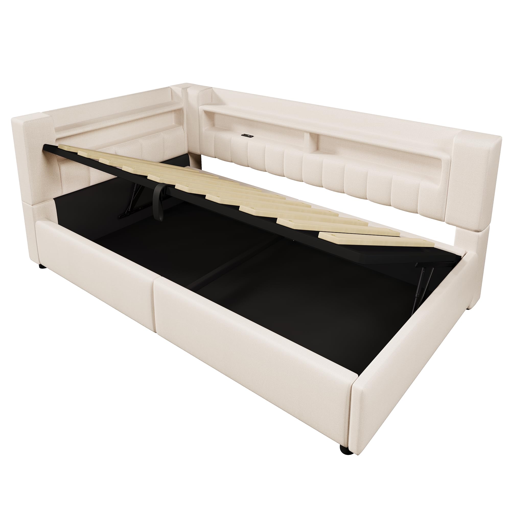 Moimhear Daybett, Hydraulische Lagerungt, Mit USB Typ-C Ladefunktion, Sofabett, Einzelbett, Ohne Matratze, Leinen, minimalistischer Stil (Beige, 90x200cm)
