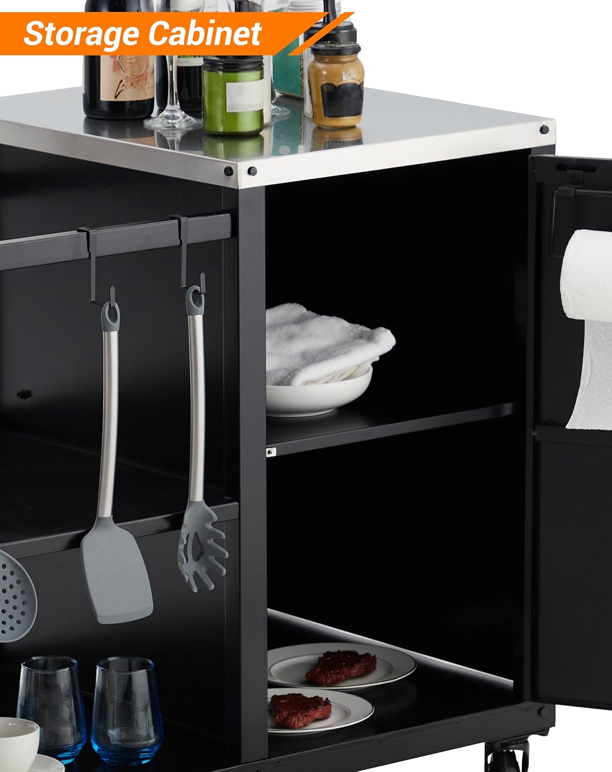 Grill Table for Big Green Egg Style BBQ - Heavy Duty Metal Outdoor Grill Station Prep Table with Storage, Metal Grill Cart with Stainless Steel Top, Storage Cabinet, Outdoor Kitchen Island, 6 Casters