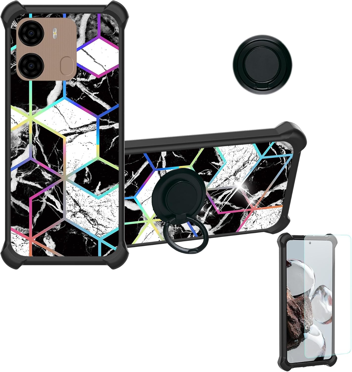 Aroepurt Case Compatible for BLU K2 Phone Case Cover [with 1* Tempered Glass Screen Protector][Hard PC + Soft Silicone][Ring Support] [Colorful Reflect Light] IMDH-HS