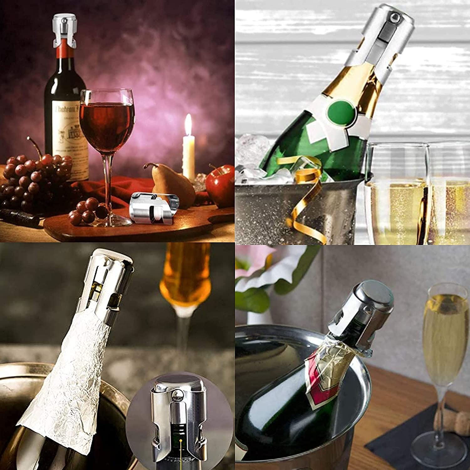 Tappi Bottiglie Vino in Acciaio Inossidabile Tappo Champagne per Sigillare Vino Spumante Champagne 3 Pezzi Argento Rosa Oro Nero