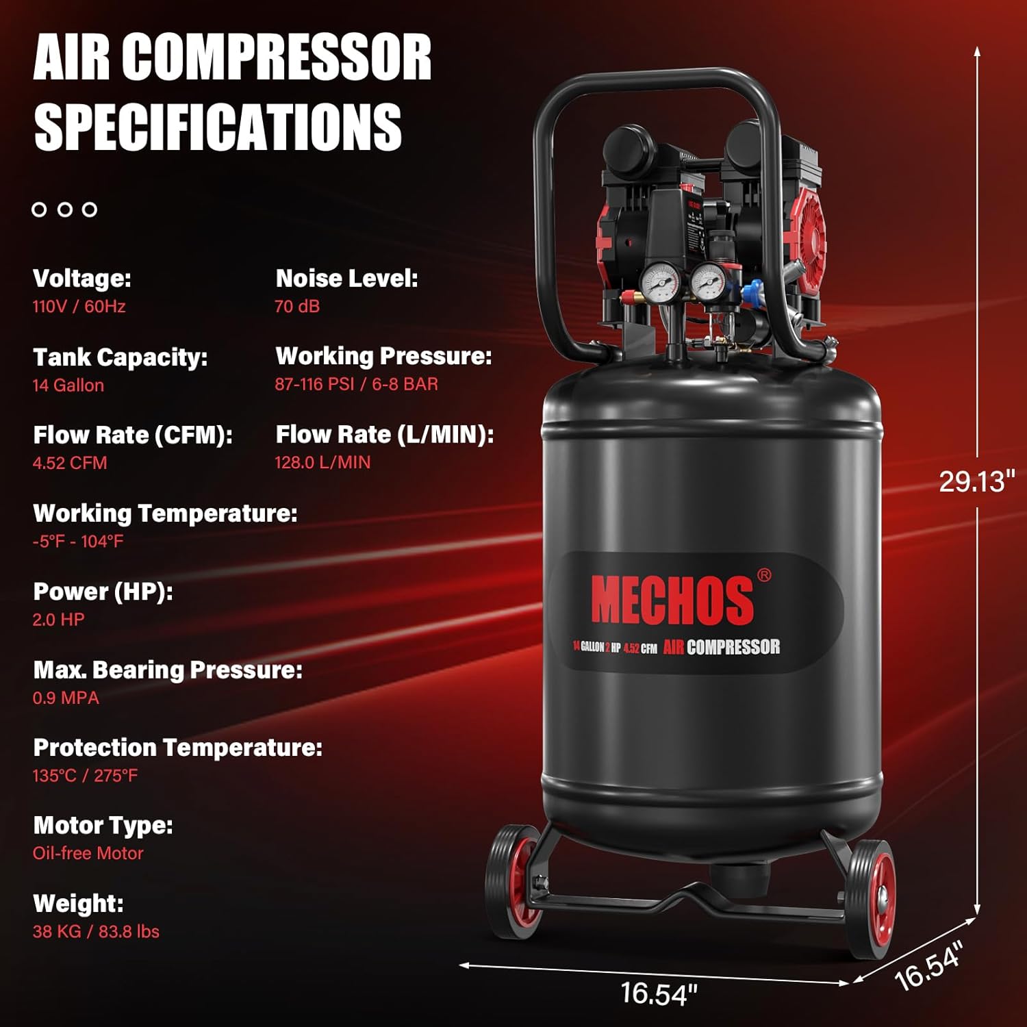 Portable Air Compressor with 14 Gallon Steel Tank, 2 HP 4.52 CFM @ 90 PSI, 116 Max PSI Oil-Free Air Compressor for Garage, Home Use, Tire Inflation, Nail Gun, DIY Projects,110V - Image 5