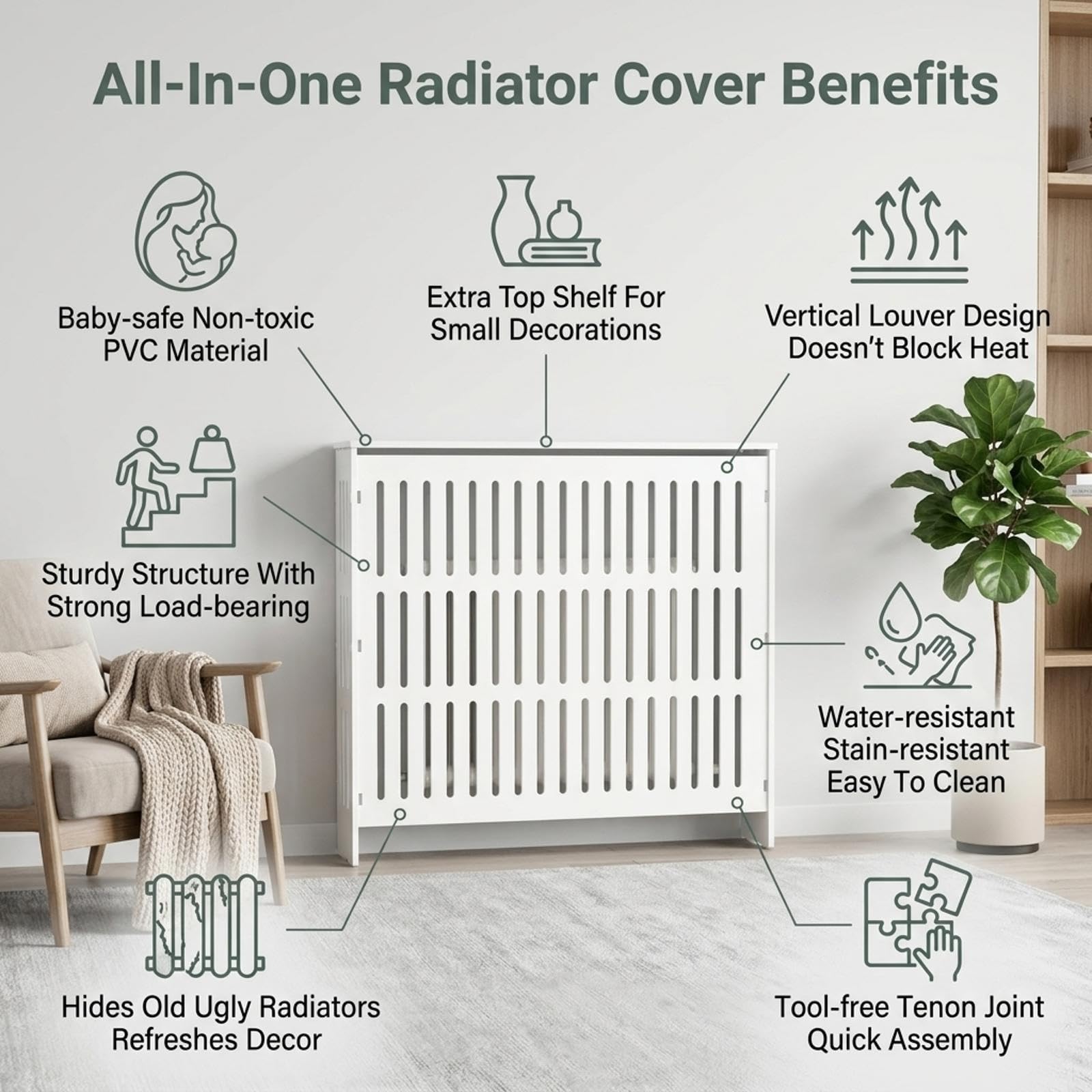Moderno copritermosifone con ripiano e griglia ventilata in PVC composito