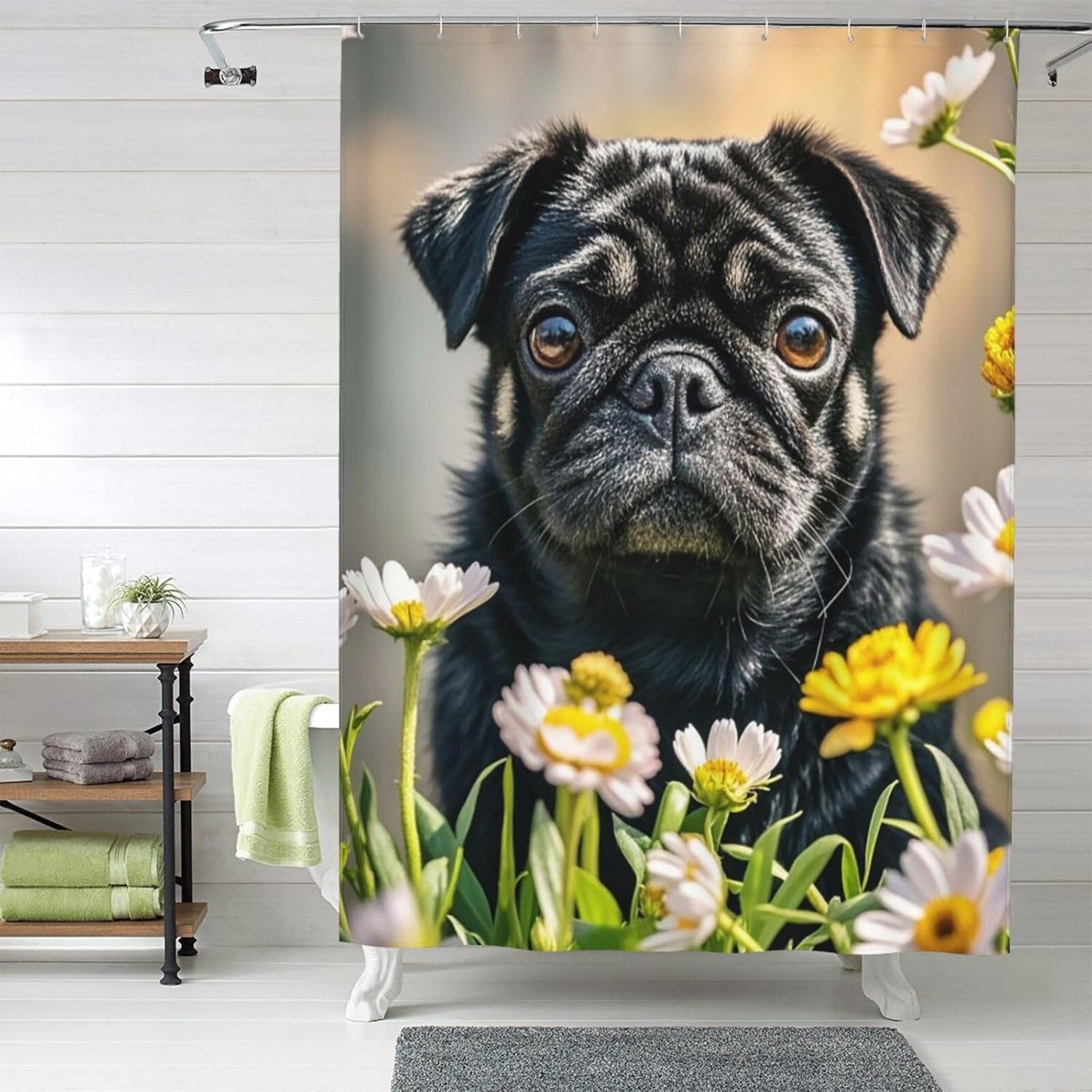 Shower Curtain 60 x 72 Inches with Weighted Lead Wire Heavy Duty Shower Curtains for Bathroom Cute Black Pug Dog Shower Curtain Liner 9 Grommet Holes Waterproof for Bathroom Decor Bathtub