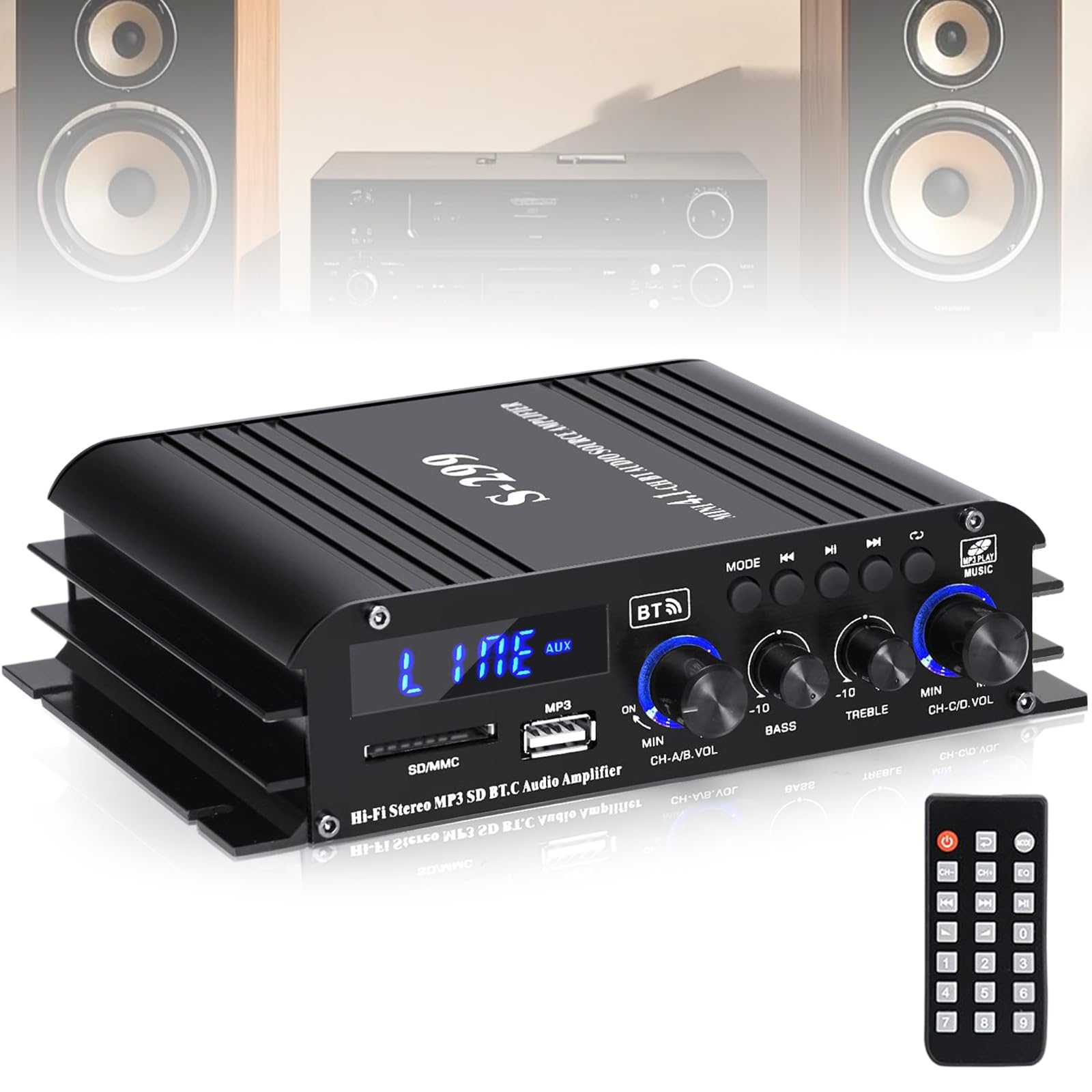 Amplificatore a 4 canali, amplificatore di potenza audio 1600 W, Bluetooth 5.0, 40 Wx4 con USB/Microfono/FM con telecomando, amplificatore Hi-Fi integrato per la casa o la tua auto