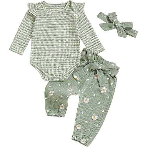 Kaipiclos Newborn Infant Girl Clothes Rib Knit Romper Daisy Print Pants Headband Baby Clothes for Girls 0 3 6 12 18 24 Months