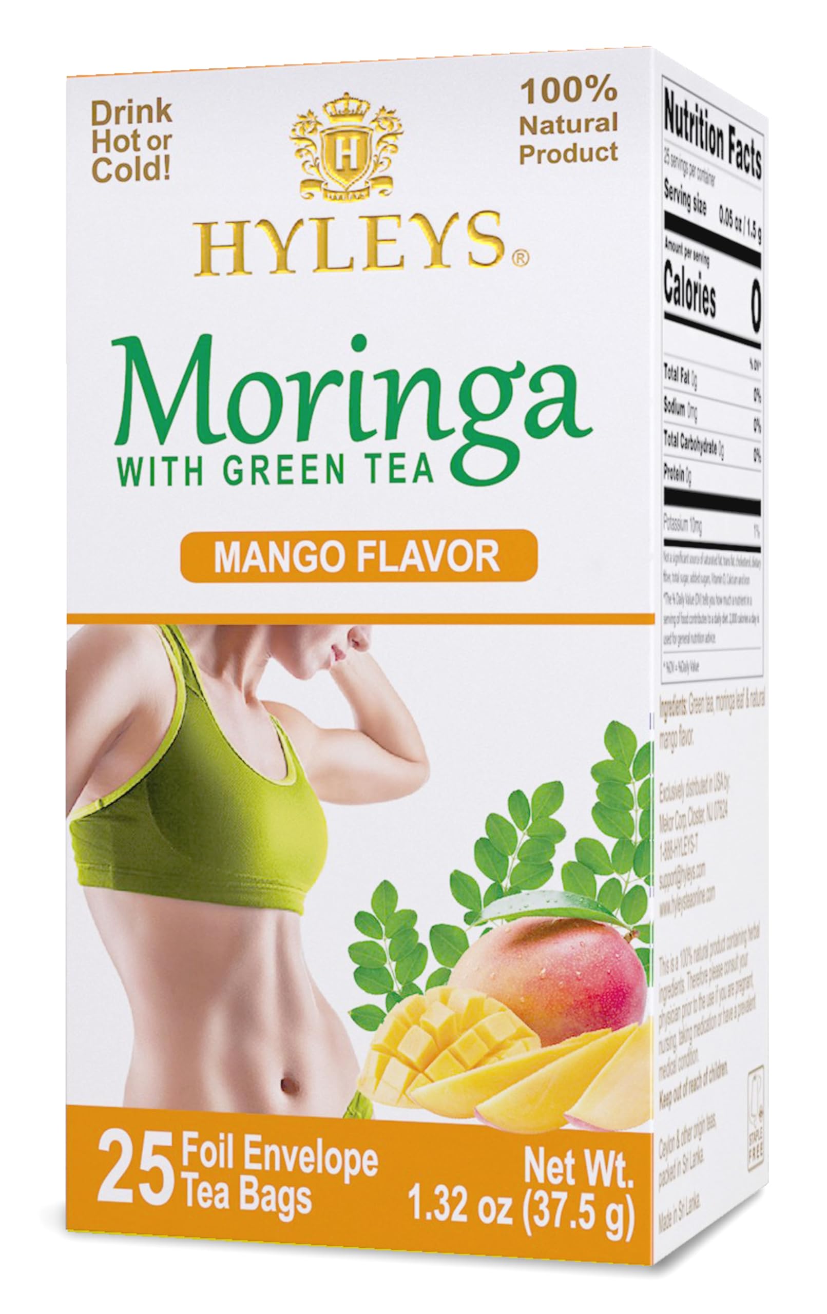 Hyleys Moringa Oleifera Green Tea, Mango Flavor, 100% Natural, 25 Tea Bags Mango 25 Count (Pack of 1)