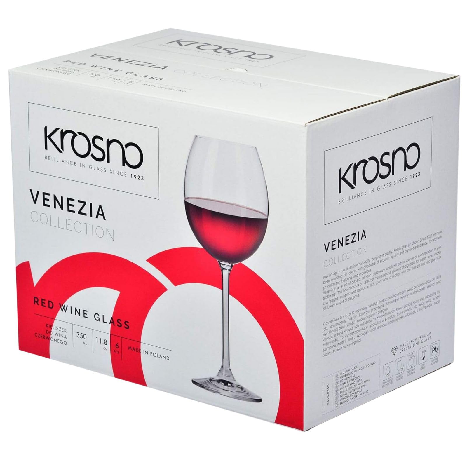 Krosno Copas de Vino Tinto Juego de 6, 380 ml, Colección Venezia | Vasos vino blanco, rosado, espumoso, cóctel, Cristal sin plomo, Apto para lavavajillas, Cristalería elegante, Idea de regalo