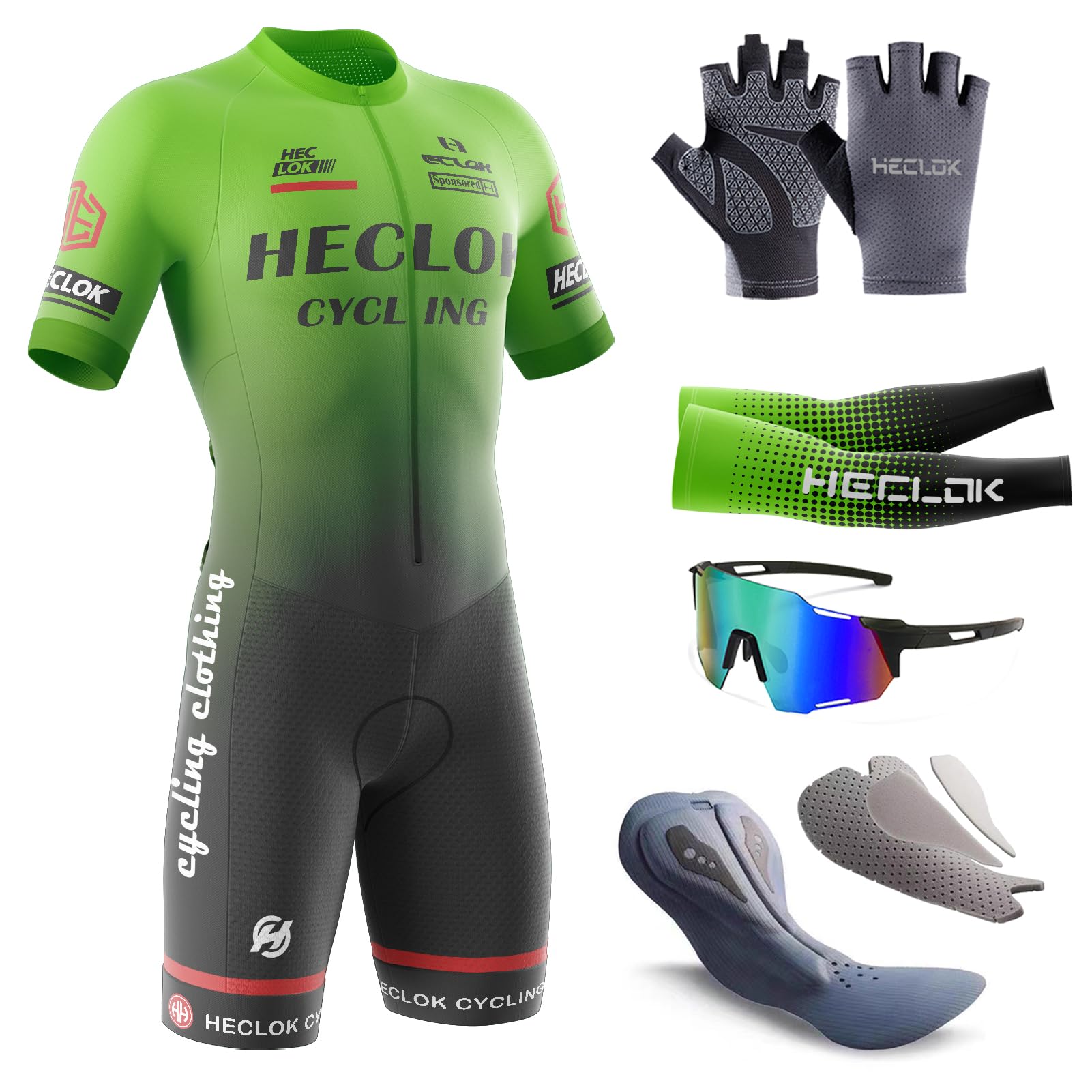HECLOK Men's Cycling Skinsuit，One Piece Trisuit Bike Jumpsuit,Competition-Grade Handmade high-Density Sponge Padded，MTB Triathlon，Quick Dry Triathlon Suit，Short Sleeve One Piece Bodysuit (TYP-5,L)