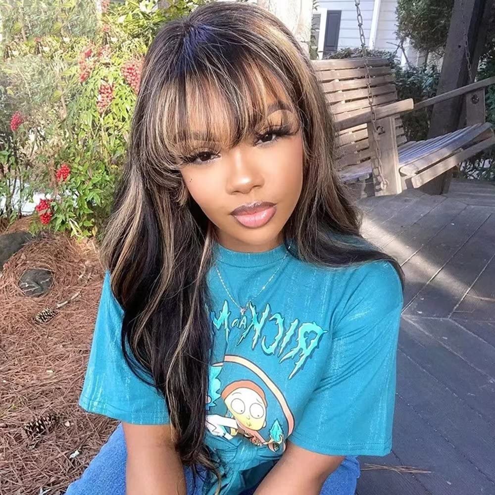 Highlight Colored Ombre 1B 27 Silky Straight Hd Invisible 13X4 Lace Front Human Hair Wigs With Bangs Glueless Brazilian Human Hair Wig Long Straight Hair Highlights Wig for Women 150 Density 24 inch