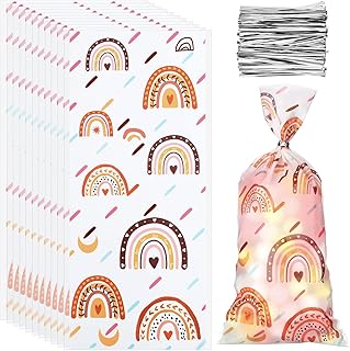 100 Pieces Boho Rainbow Cellophane Bags Boho Rainbow Candy Bags Rainbow Party Favor Bags Goodie Bags Treat Bags with 150 Pieces Silver Twist Ties for Boho Rainbow Themed Birthday Party Bags