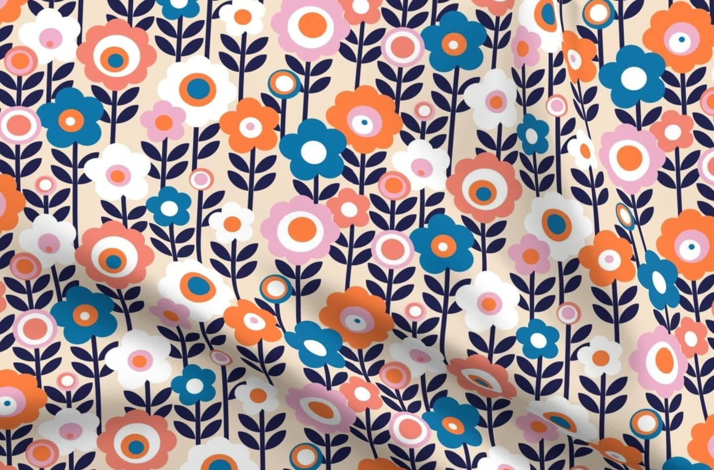 Spoonflower Fabric - Vintage Mod 70S 60S Flower Floral Leaves Stem Garden Spring Summer Printed on Petal Signature Cotton Fabric Fat Quarter - Sewing Quilting Apparel Crafts Decor