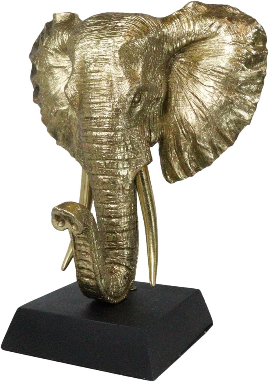 Ebros Gift Large 18" H Gold Patina Safari African Bush Elephant Head Bust Sculpture On Museum Gallery Pedestal Base Rustic Wildlife Forest Jungle Elephants Lucky Auspicious Feng Shui Decor Figurine