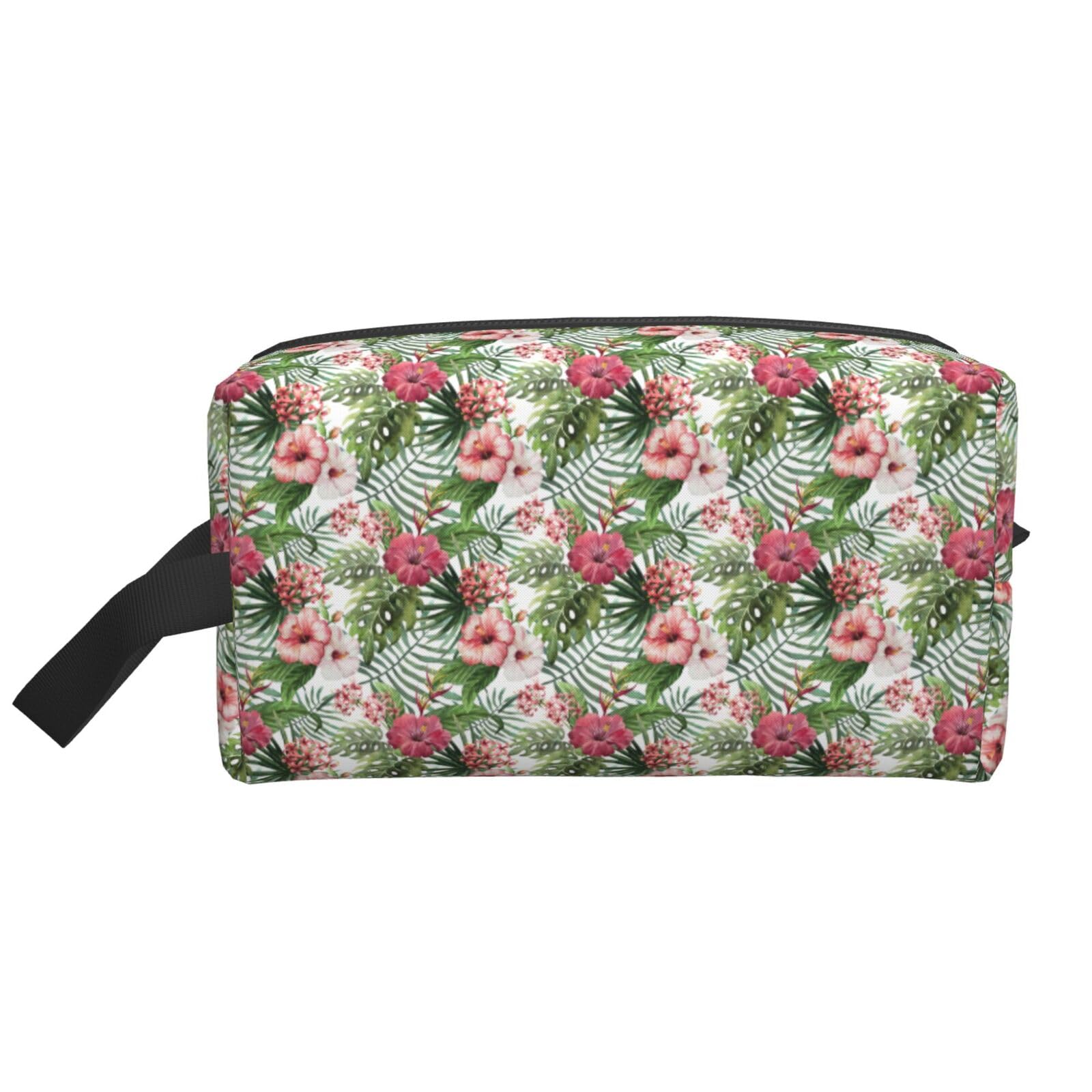 Ercgad Unisex White Tropical Leaves Print Large Capacity Travel Toiletry Bag Cosmetic Pouch Daily Storage Makeup Case