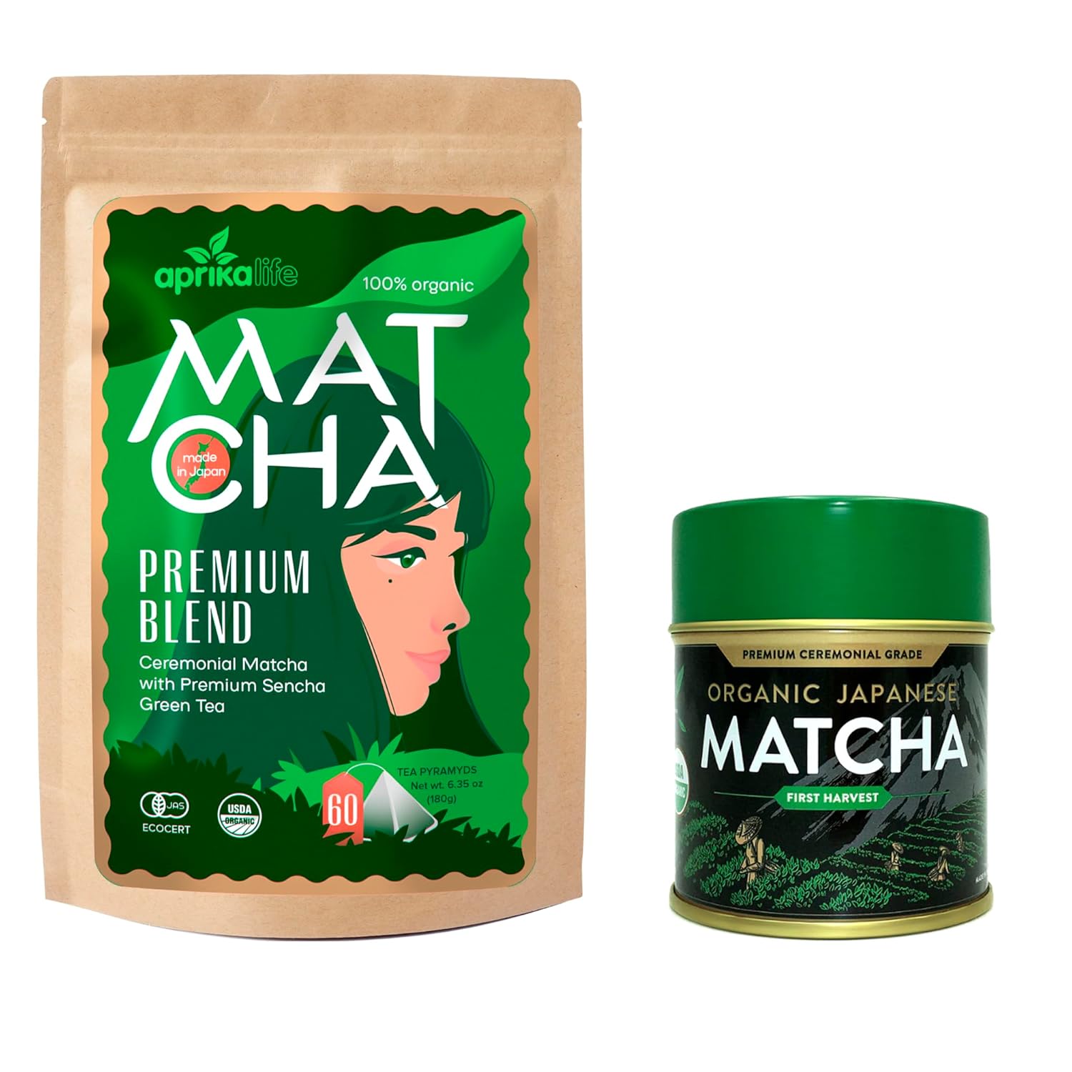 Japanese Matcha Bundle - 30g Ceremonial Matcha Powder + 180g Premium Matcha Green Tea (60 bags) by Aprika Life