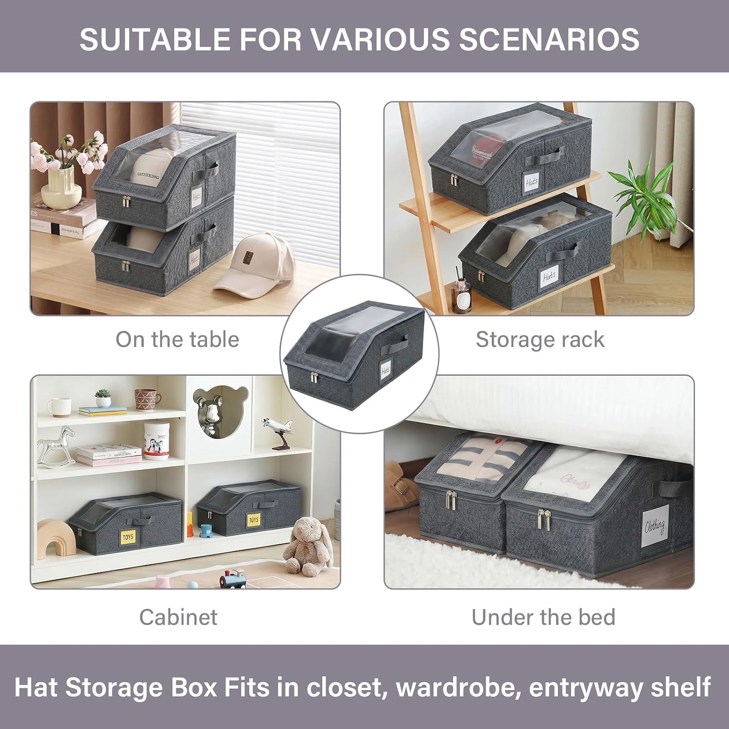 Furlide 2PCS Hat Storage Box with Clear Flip-Top Lid and Front Opening-Stackable Foldable Hat Organizer for Closet, Baseball Cap Storage Box, Hat Storage Bins with Handle for Shelf, Dark Grey