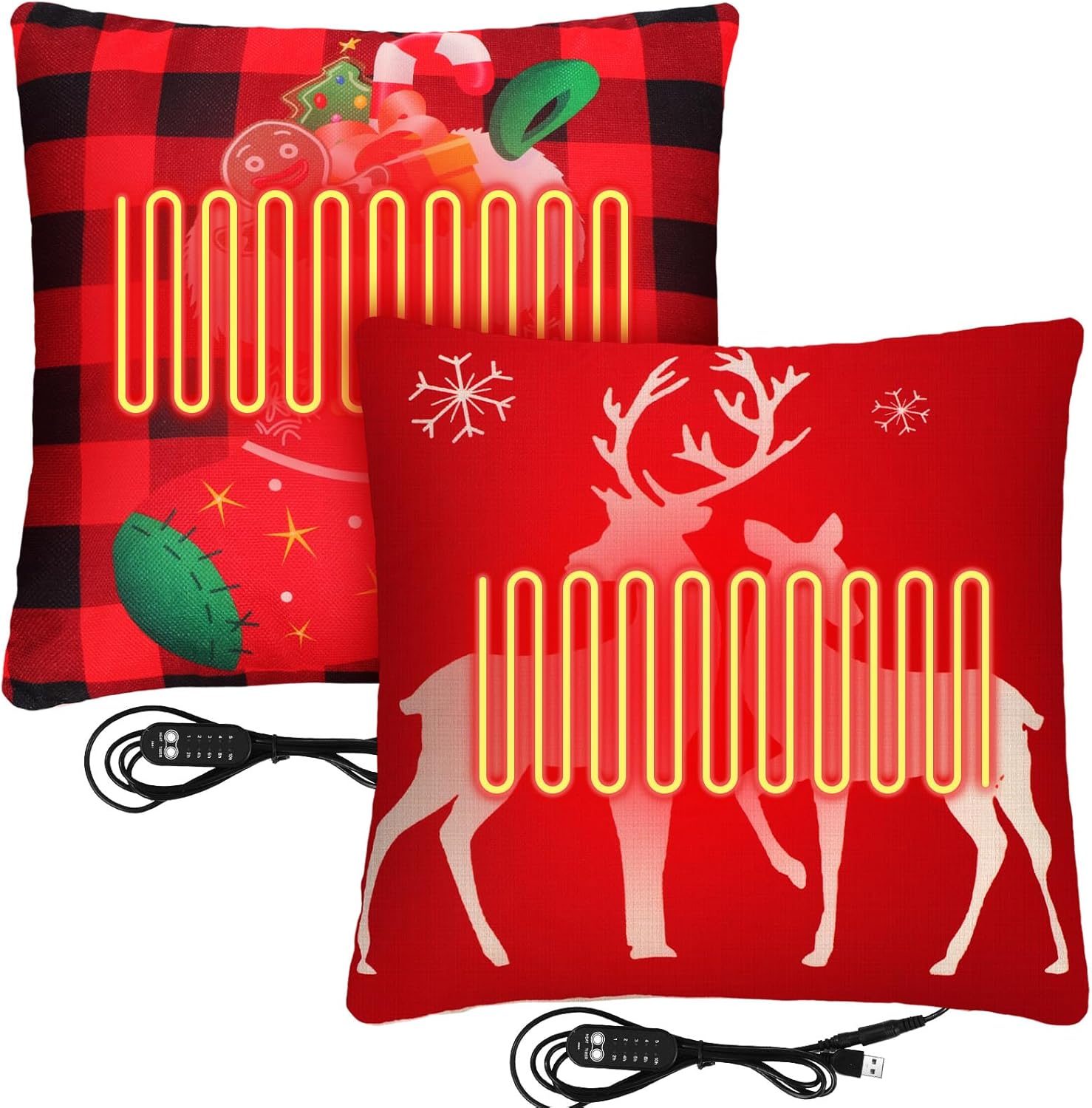 2 Pcs Christmas Heated Pillow USB Heating Lumbar Support Pillow for Back Pain Relief with 5 Heat Settings 17.7" x 17.7" Heating Pad Period Cramp Abdomen Neck Gifts for Women(Vivid Style)