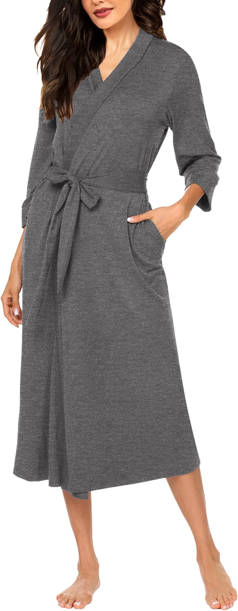 MAXMODA Women Long Kimono Bathrobe Lounge Spa Bath Robes Hotel Long Sleepwear Loungewear(Dark Gray,L)