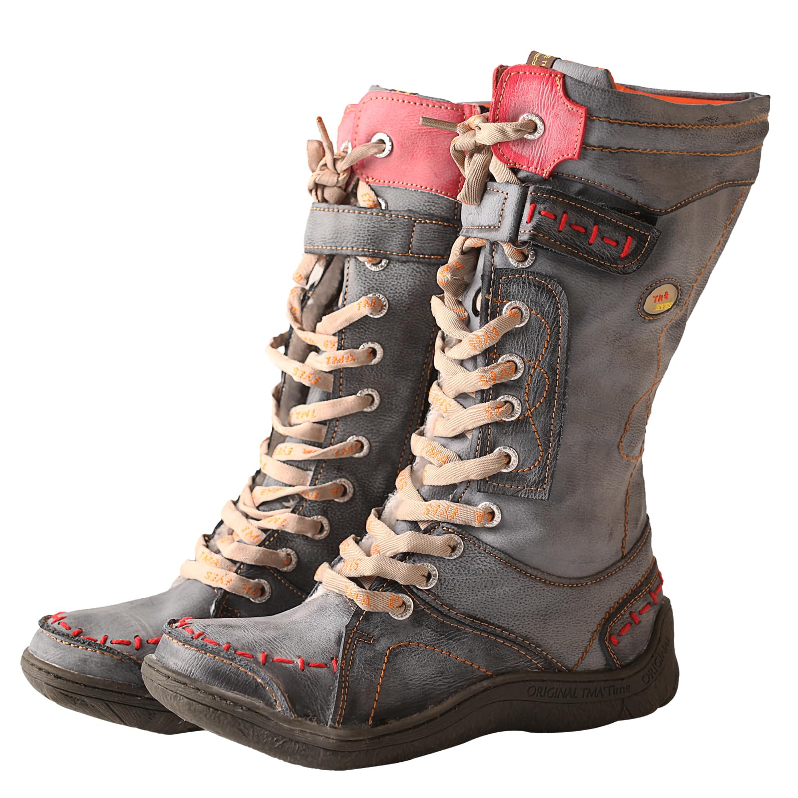 TMA EYES MAiA Womens Retro Real Leather Mid-Calf Boots Featuring Color-Block Details