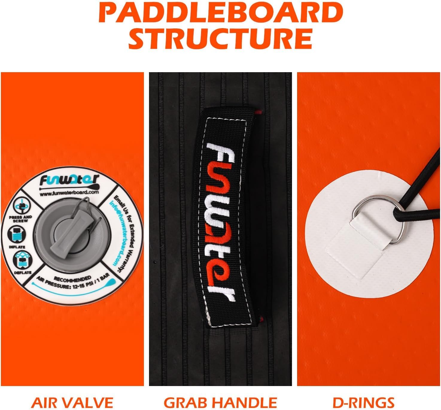 FunWater Tabla de Paddle Surf Hinchable, Ultraligera para Todos los Niveles, Tabla de Paddle Surf con Remo Ajustable, Tres Aletas, Kit de Mantenimiento, Conector de Válvula